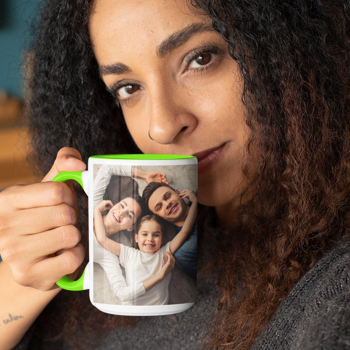 Custom Mug White/Light Green 15oz, Personalized Gift with Photo, Text or Logo, Square Design