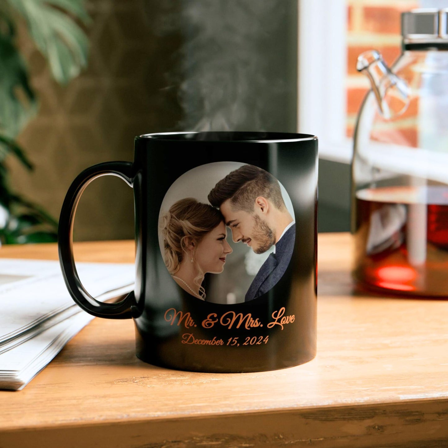 Tasse personnalisée, Tasse à café en céramique noire de 325 ml avec motif circulaire, Cadeau personnalisé avec photo, texte ou logo