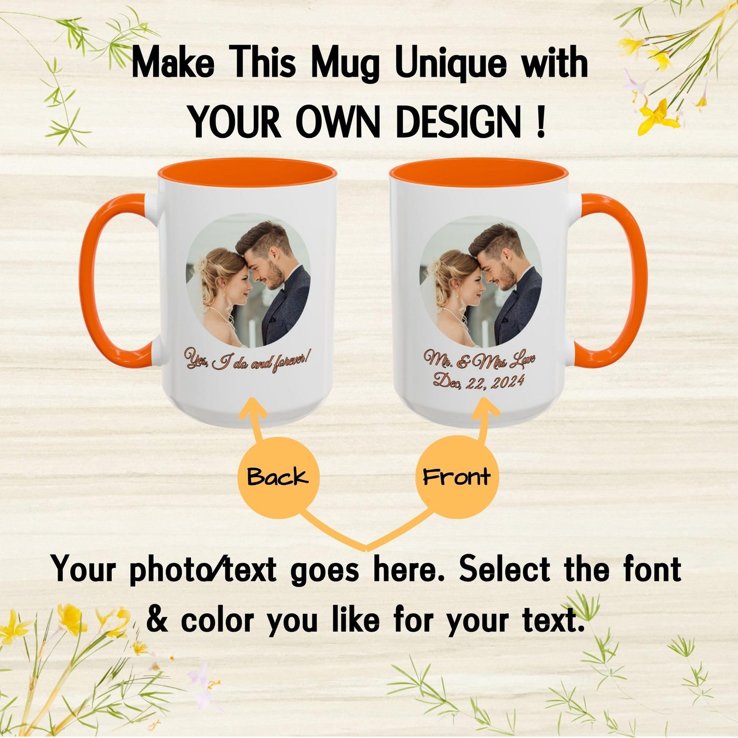 Custom Mug White/Orange 15oz, Personalized Gift with Photo, Text or Logo, Cirle Design