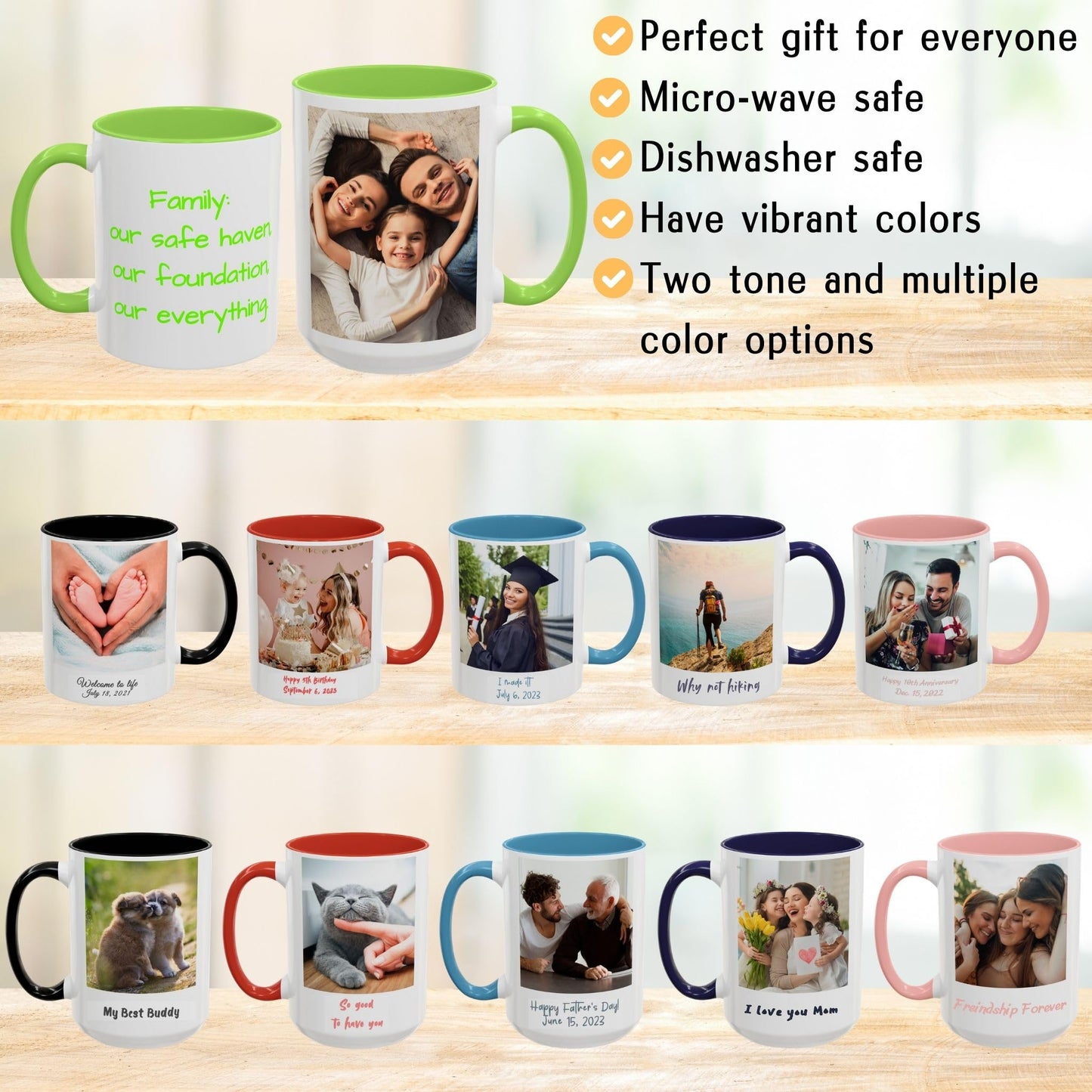 Mug personnalisé, 15 oz, en céramique, blanc/vert clair, design carré, cadeau personnalisé avec photo, texte ou logo