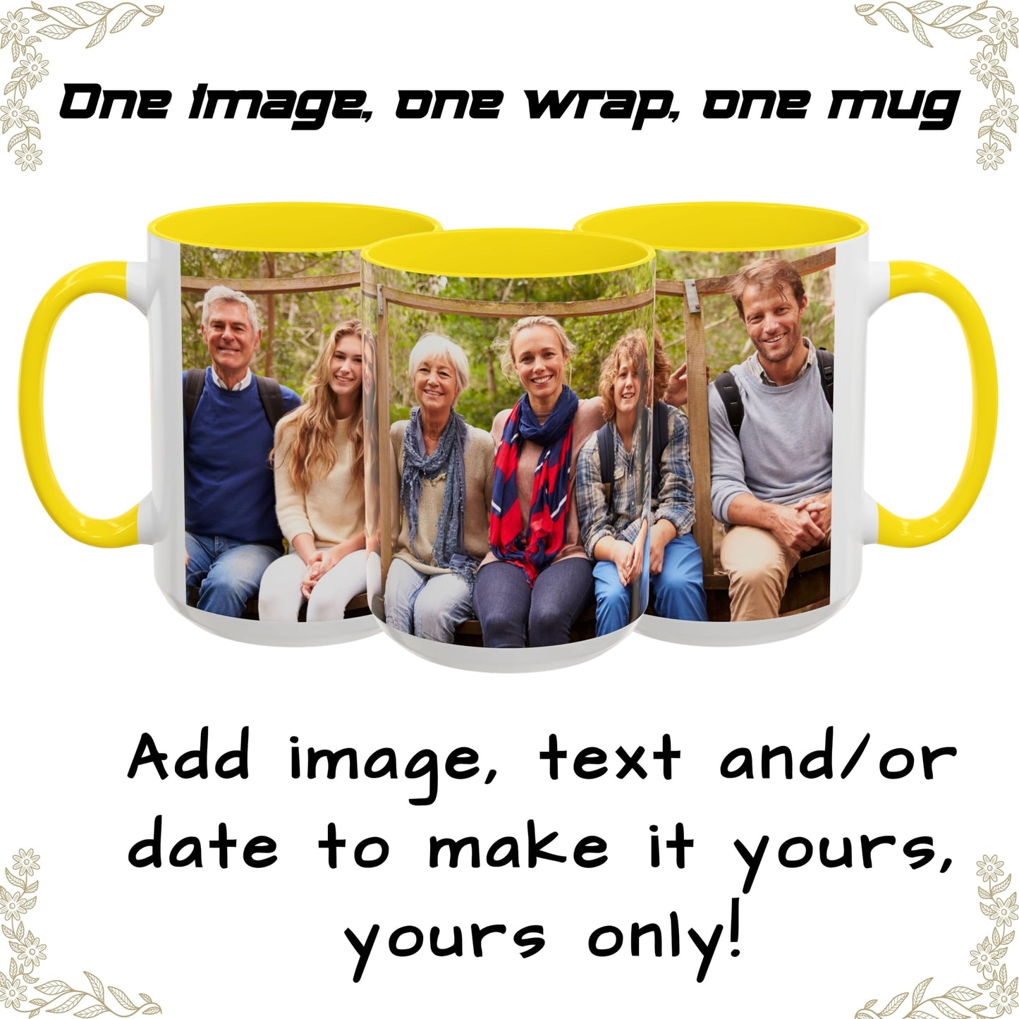Custom Mug White/Yellow 15oz, Personalized Gift with Photo, Text or Logo, Wrap Around Design