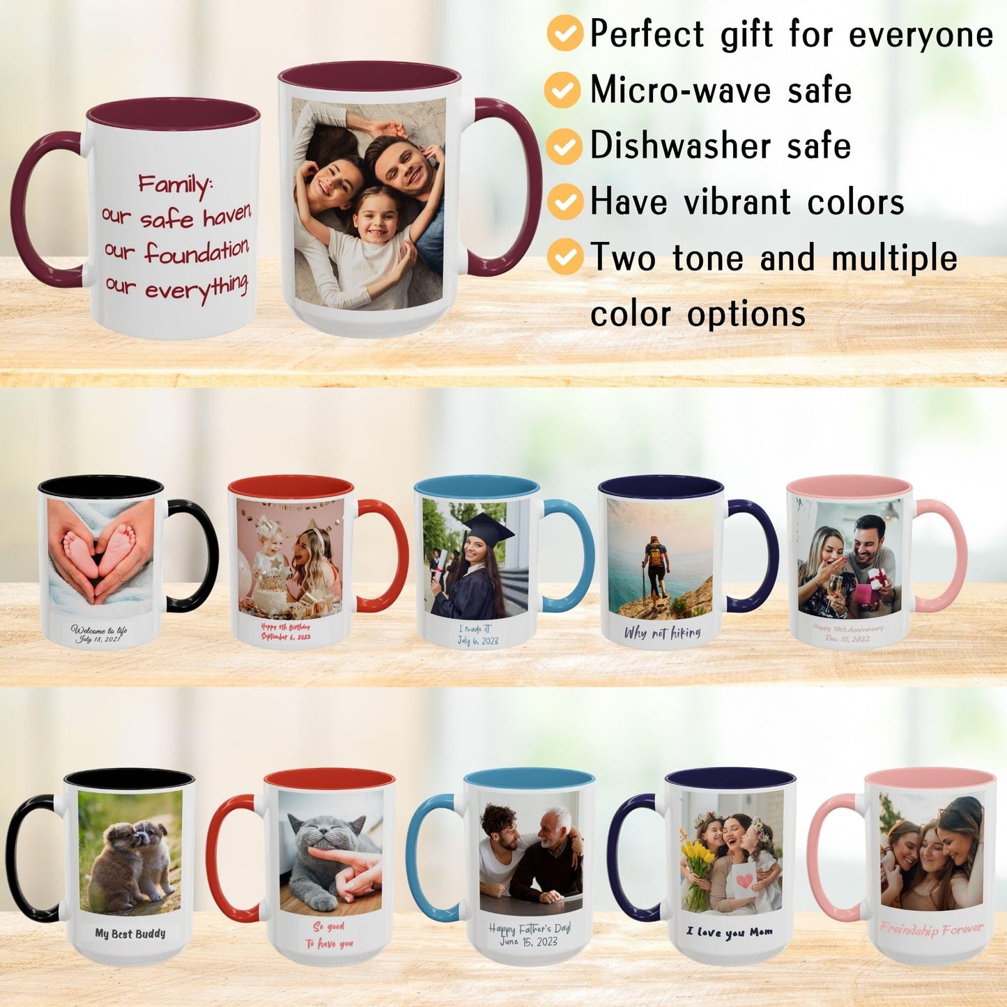 Custom Mug White/Maroon 15oz, Personalized Gift with Photo, Text or Logo, Square Design