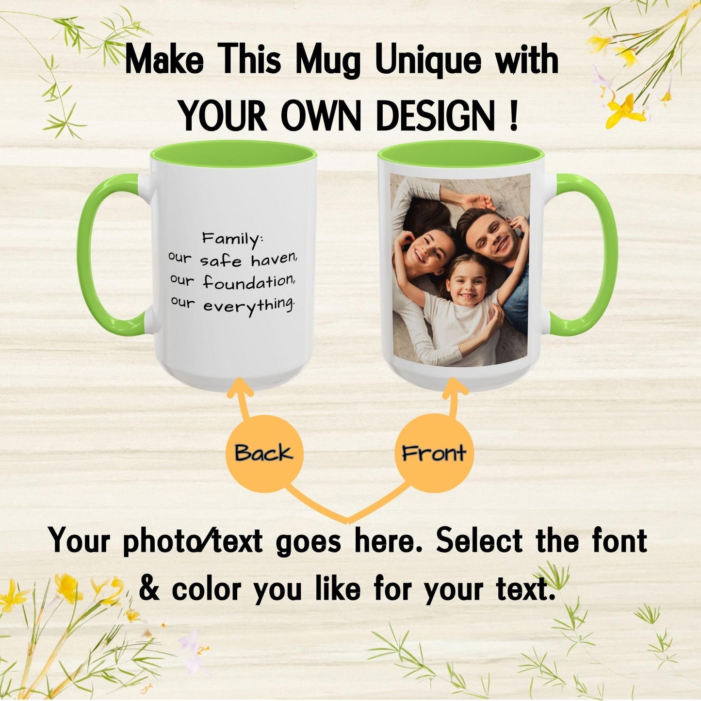 Custom Mug White/Light Green 15oz, Personalized Gift with Photo, Text or Logo, Square Design
