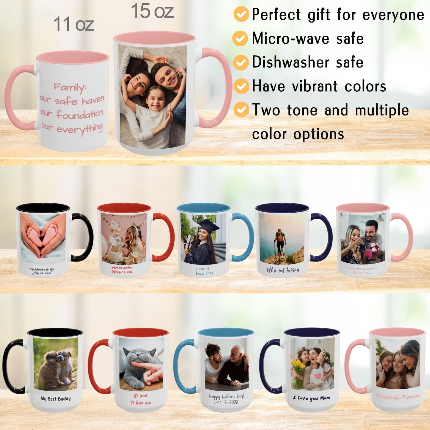 Custom Mug White/Pink 11oz, Personalized Gift with Photo, Text or Logo, Square Design