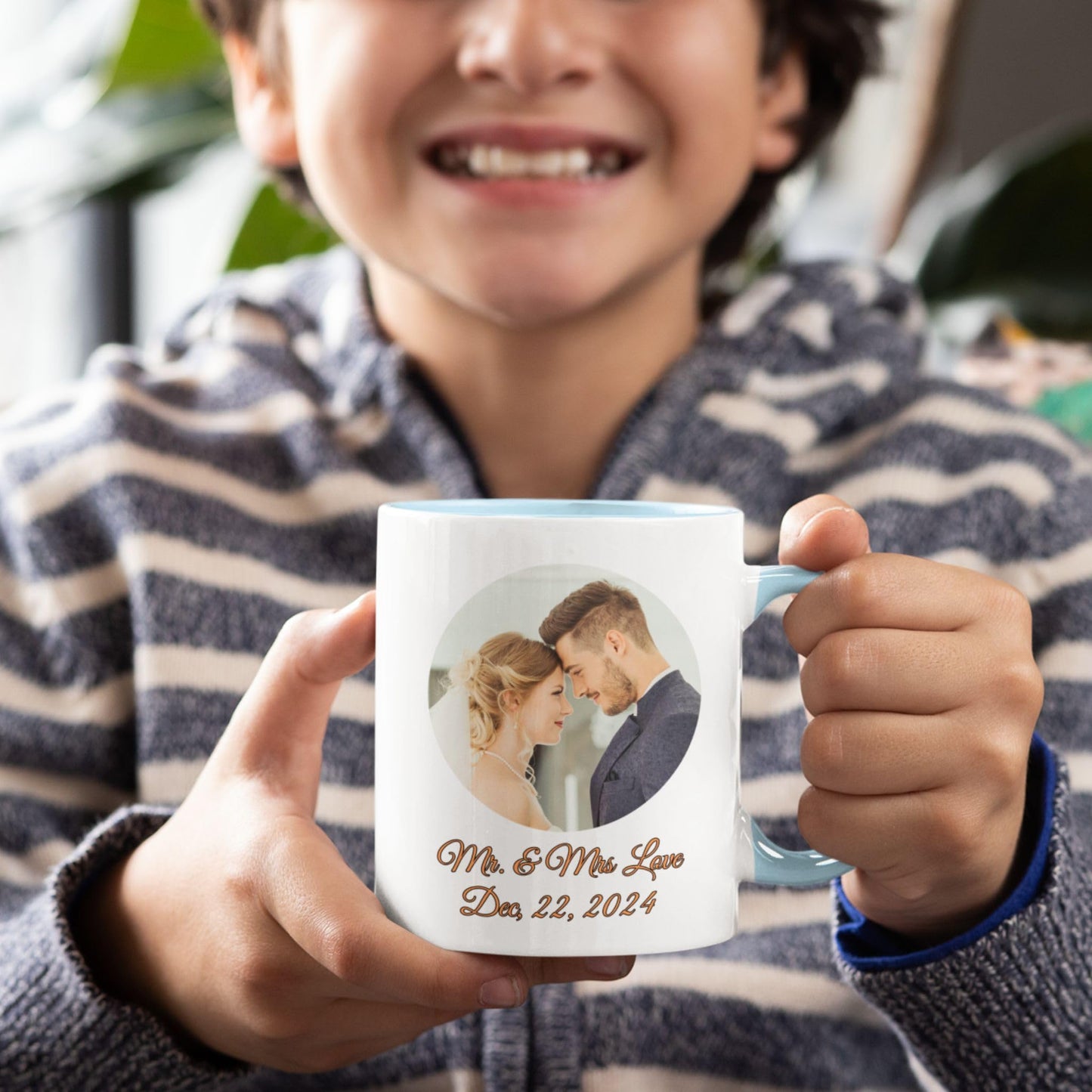 Mug personnalisé, Mug à café en céramique 11oz blanc/bleu clair motif cercle, Cadeau personnalisé avec photo, texte ou logo