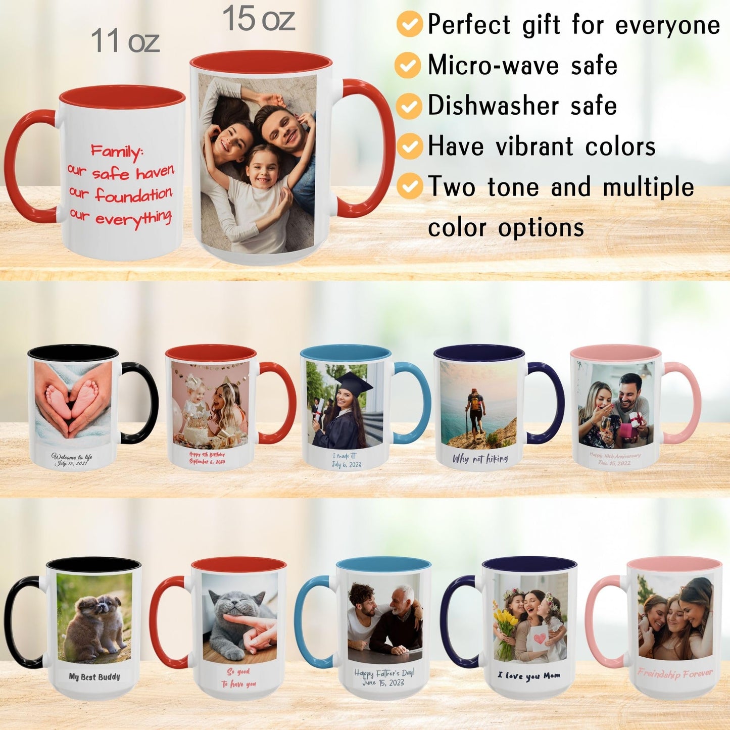 Custom Mug White/Red 15oz, Personalized Gift with Photo, Text or Logo, Square Design