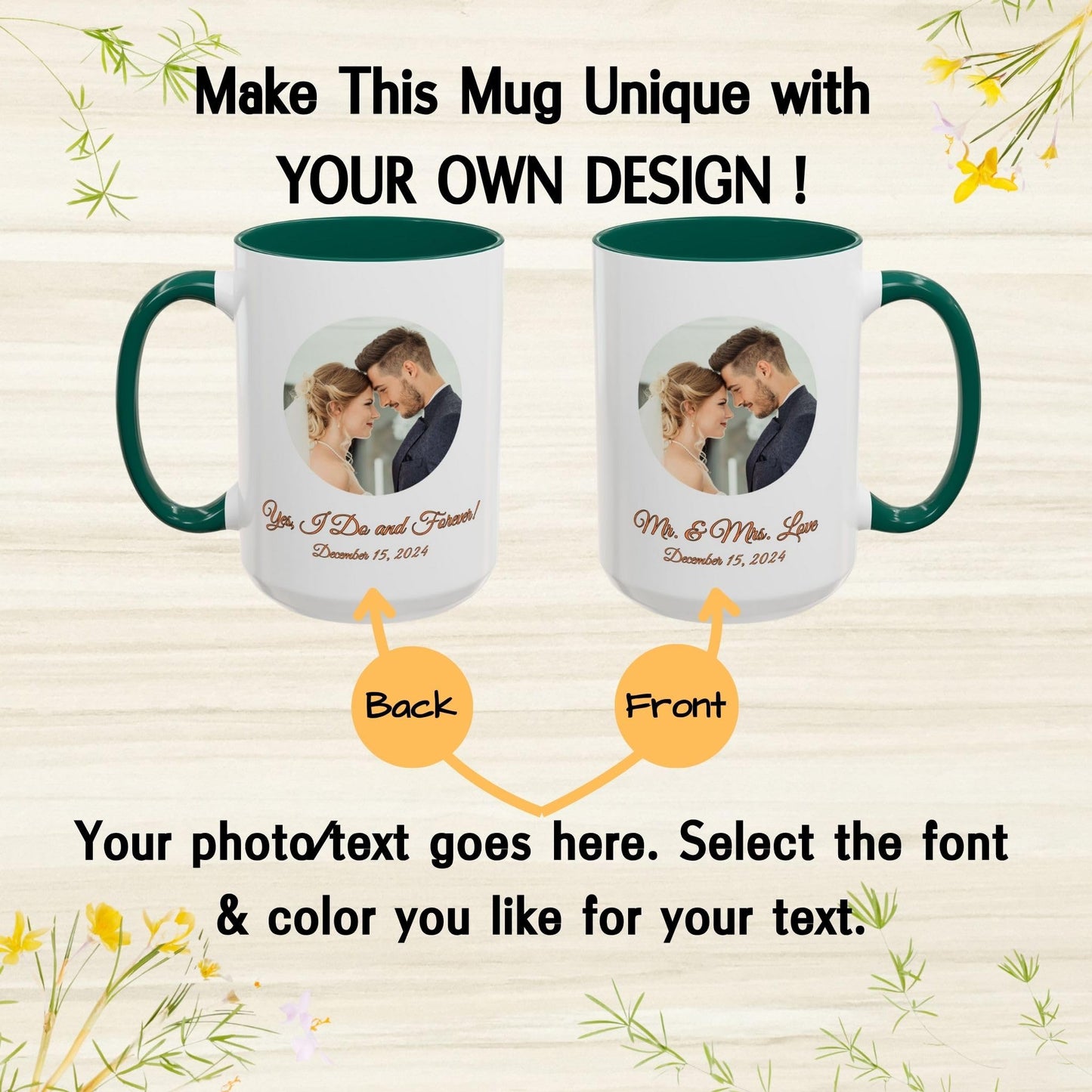 Mug personnalisé, 15oz Blanc/Vert Motif Cercle Mug en Céramique, Cadeau Personnalisé avec Photo, Texte ou Logo