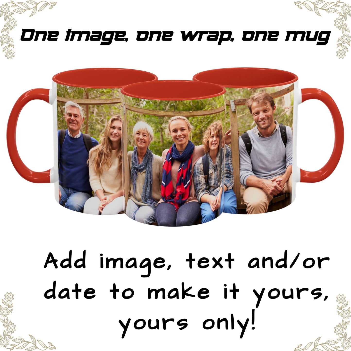 Custom Mug White/Red 11oz, Personalized Gift with Photo, Text or Logo, Wrap Around Design
