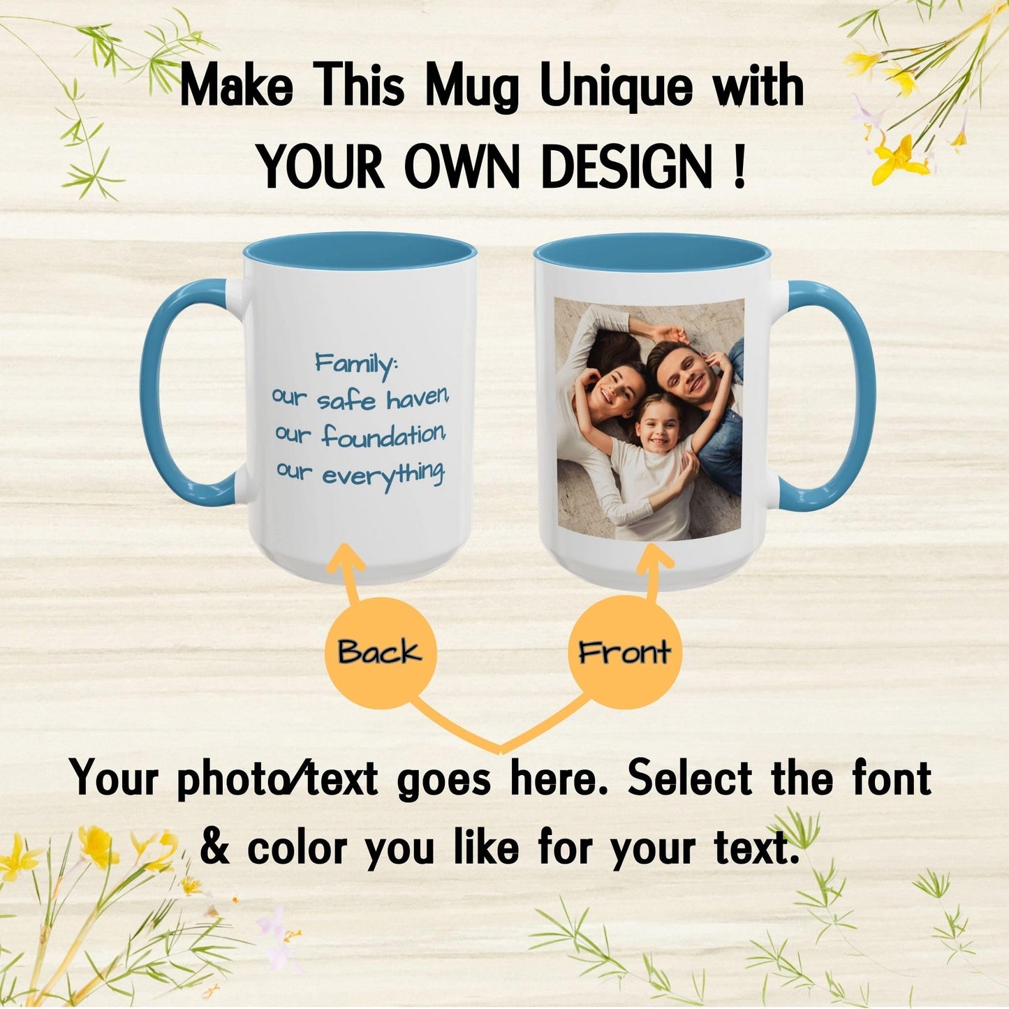 Mug personnalisé, 44 cl, en céramique, blanc/bleu clair, motif carré, cadeau personnalisé avec photo, texte ou logo