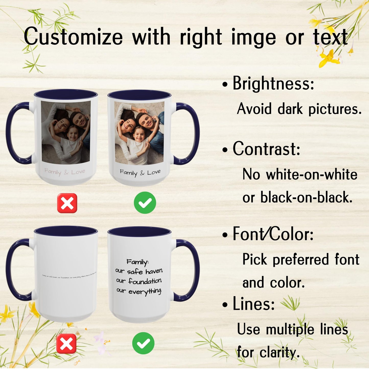 Mug personnalisé, mug en céramique blanc/bleu marine de 44 cl avec motif carré, cadeau personnalisé avec photo, texte ou logo