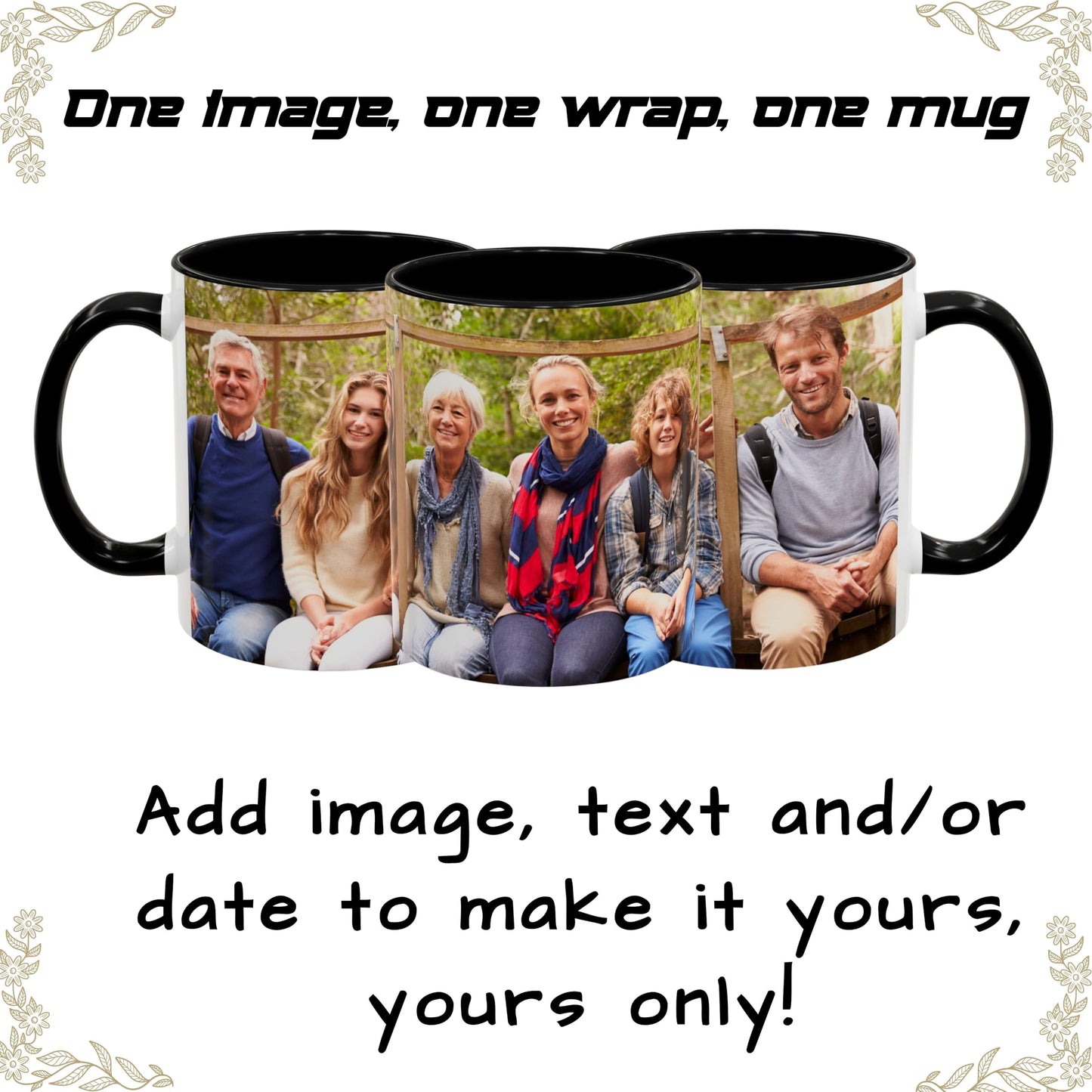 Custom Mug, 325ml White/Black Wrap Around Design Ceramic Coffee Mug, Personalized Gift with Photo, Text or Logo