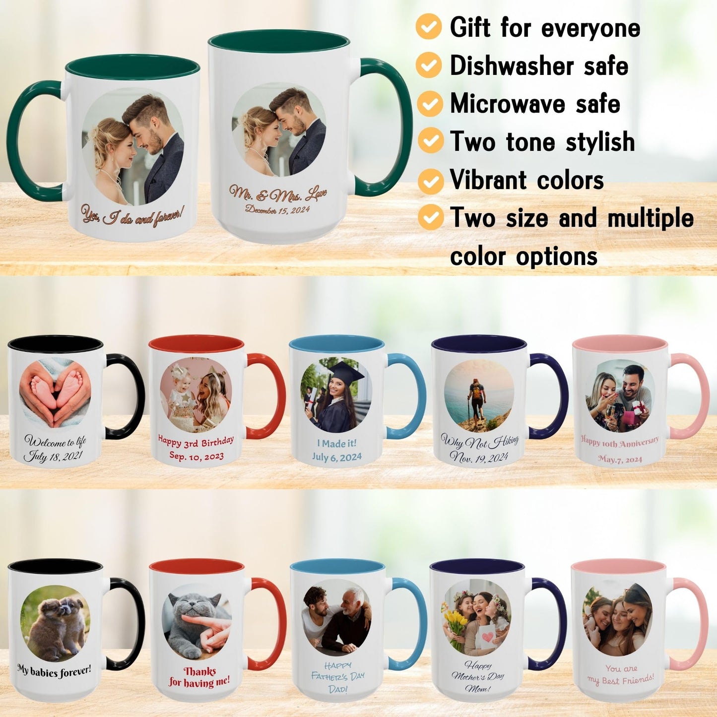 Custom Mug White/Green 15oz, Personalized Gift with Photo, Text or Logo, Cirle Design