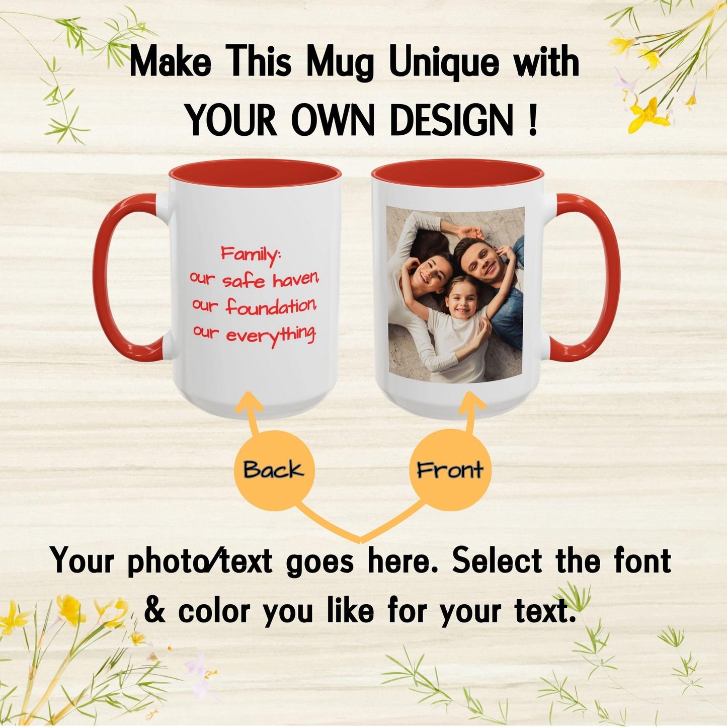 Custom Mug White/Red 15oz, Personalized Gift with Photo, Text or Logo, Square Design