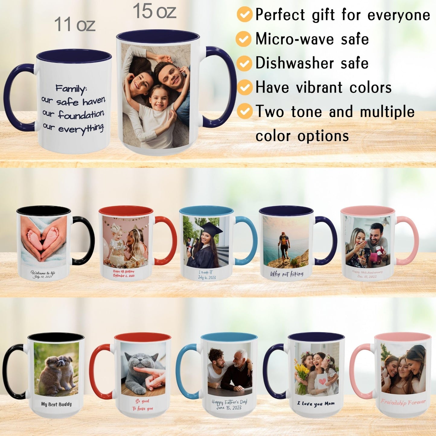 Custom Mug White/Navy 11oz, Personalized Gift with Photo, Text or Logo, Square Design