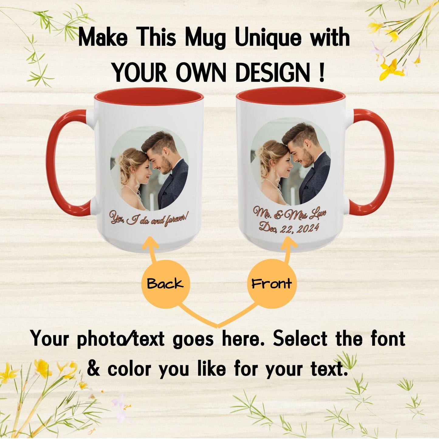 Custom Mug White/Red 15oz, Personalized Gift with Photo, Text or Logo, Cirle Design