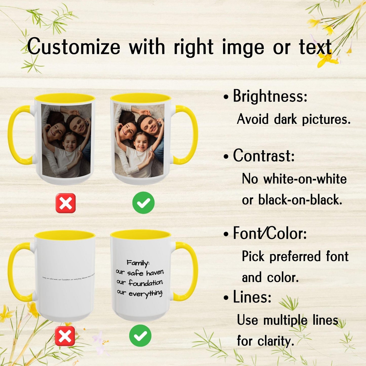 Custom Mug White/Yellow 15oz, Personalized Gift with Photo, Text or Logo, Square Design