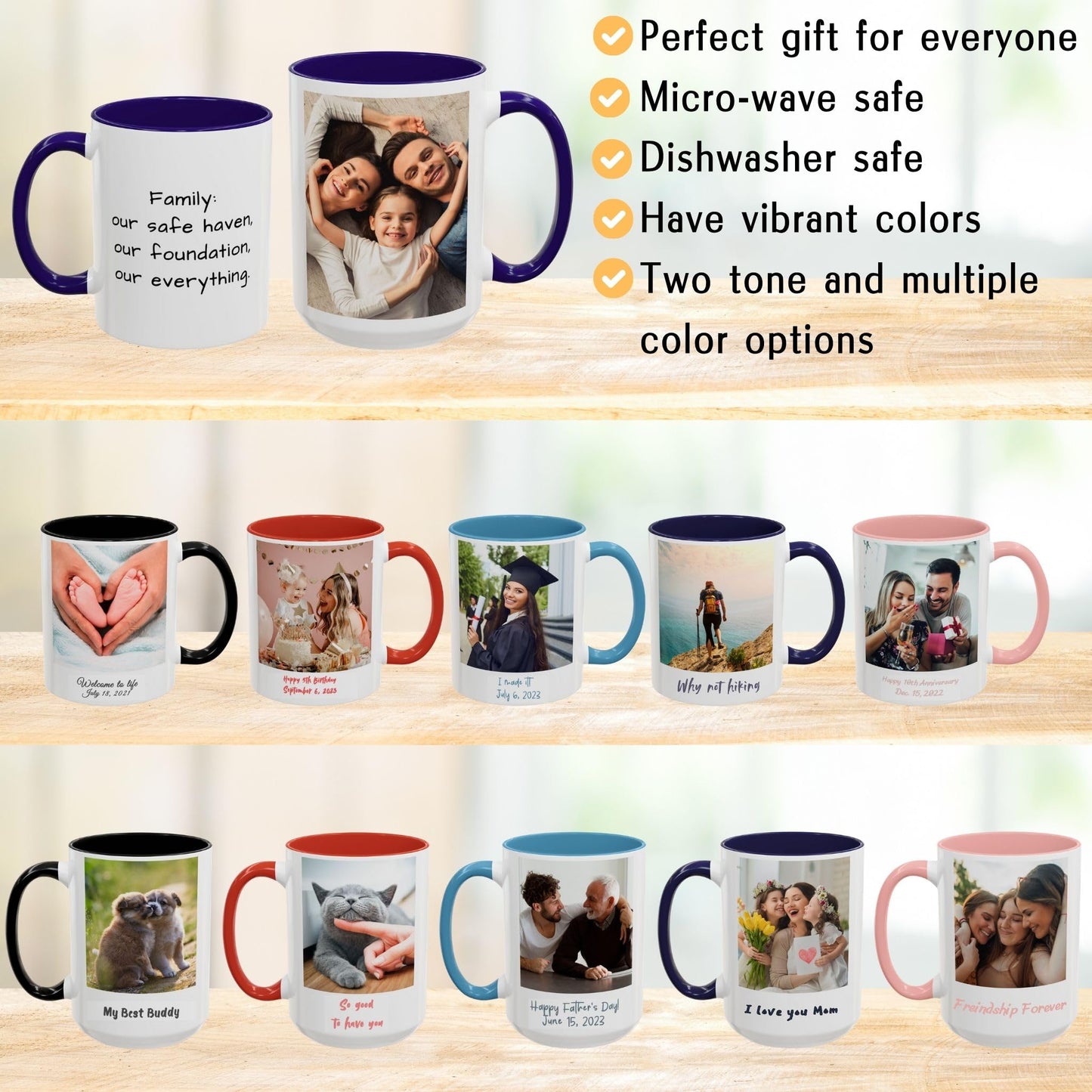 Custom Mug White/Blue 11oz, Personalized Gift with Photo, Text or Logo, Square Design