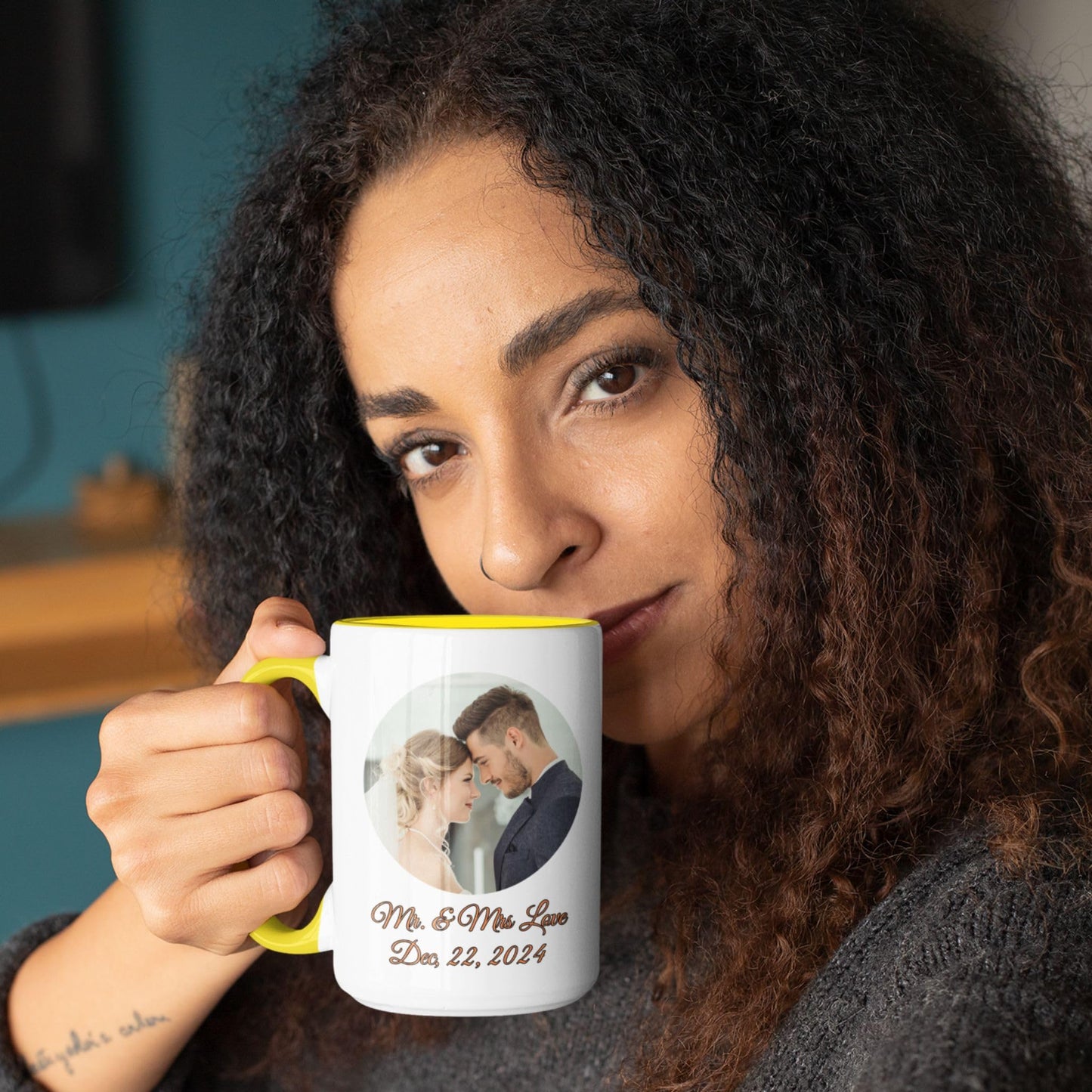 Mug personnalisé, Mug à café en céramique 44 cl blanc/jaune avec motif circulaire, Cadeau personnalisé avec photo, texte ou logo