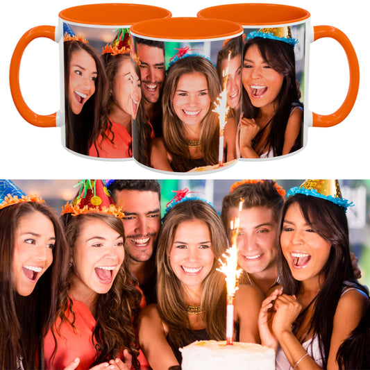 Custom Mug White/Orange 11oz, Personalized Gift with Photo, Text or Logo, Wrap Around Design