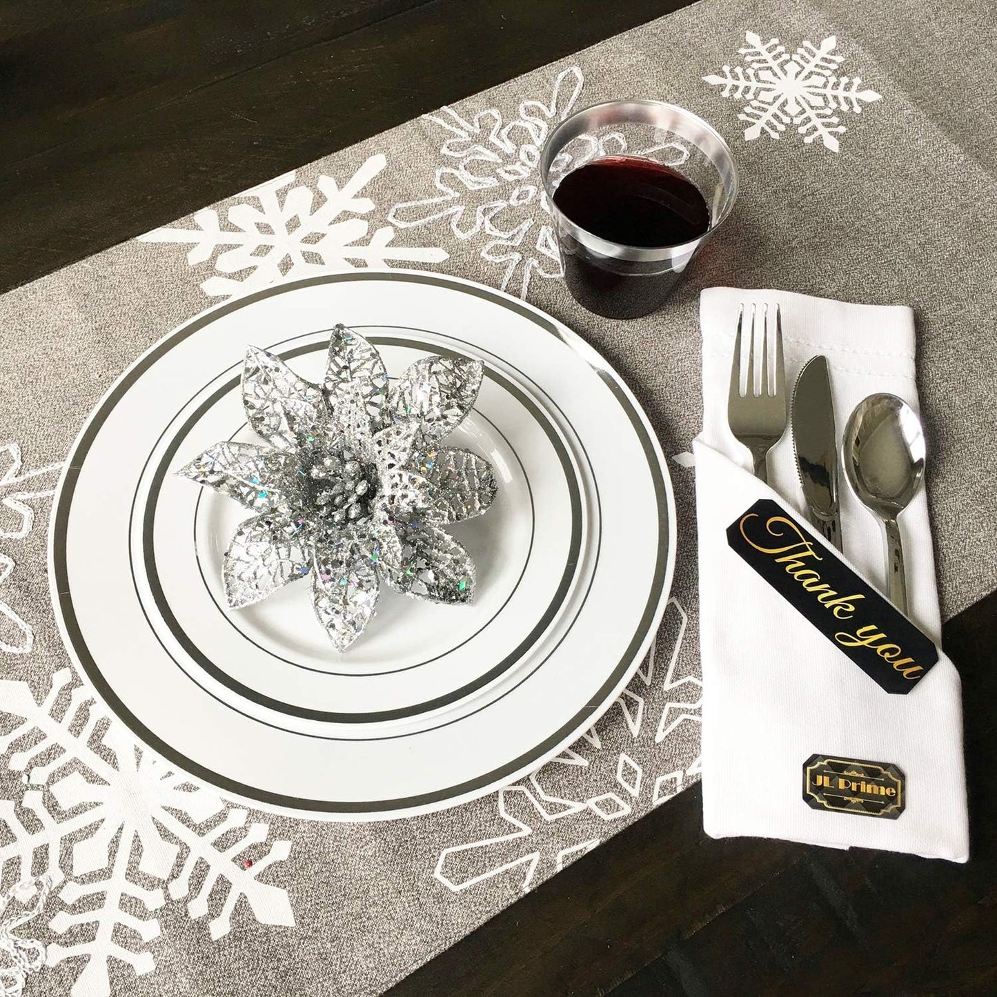 JL Prime 300 Silbernes Kunststoff-Besteckset, Silbernes Kunststoff-Besteckset, Robustes Besteck für Partys und Hochzeiten, Einweg-Silberbesteck, 100 Kunststoffgabeln, 100 Kunststofflöffel, 100 Kunststoffmesser 