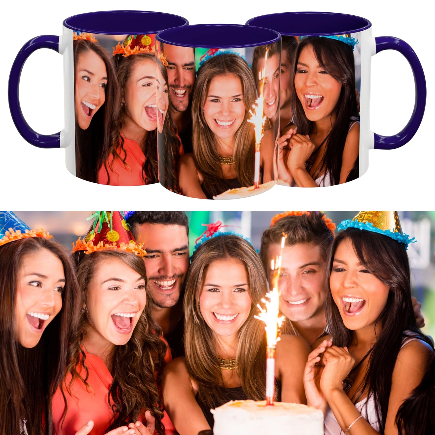 Custom Mug, 325ml White/Blue Wrap Around Design Ceramic Coffee Mug, Personalized Gift with Photo, Text or Logo