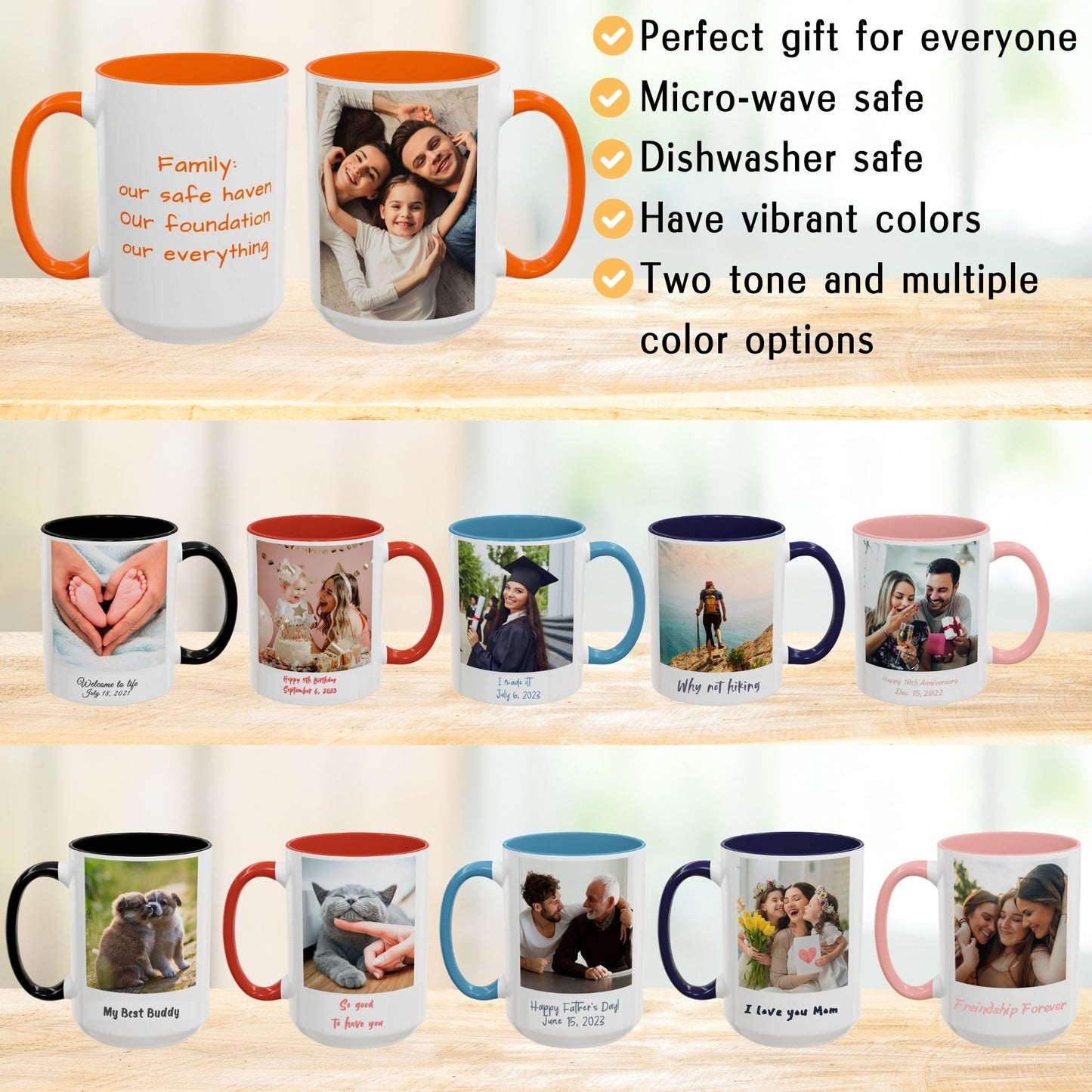 Custom Mug White/Orange 15oz, Personalized Gift with Photo, Text or Logo, Square Design