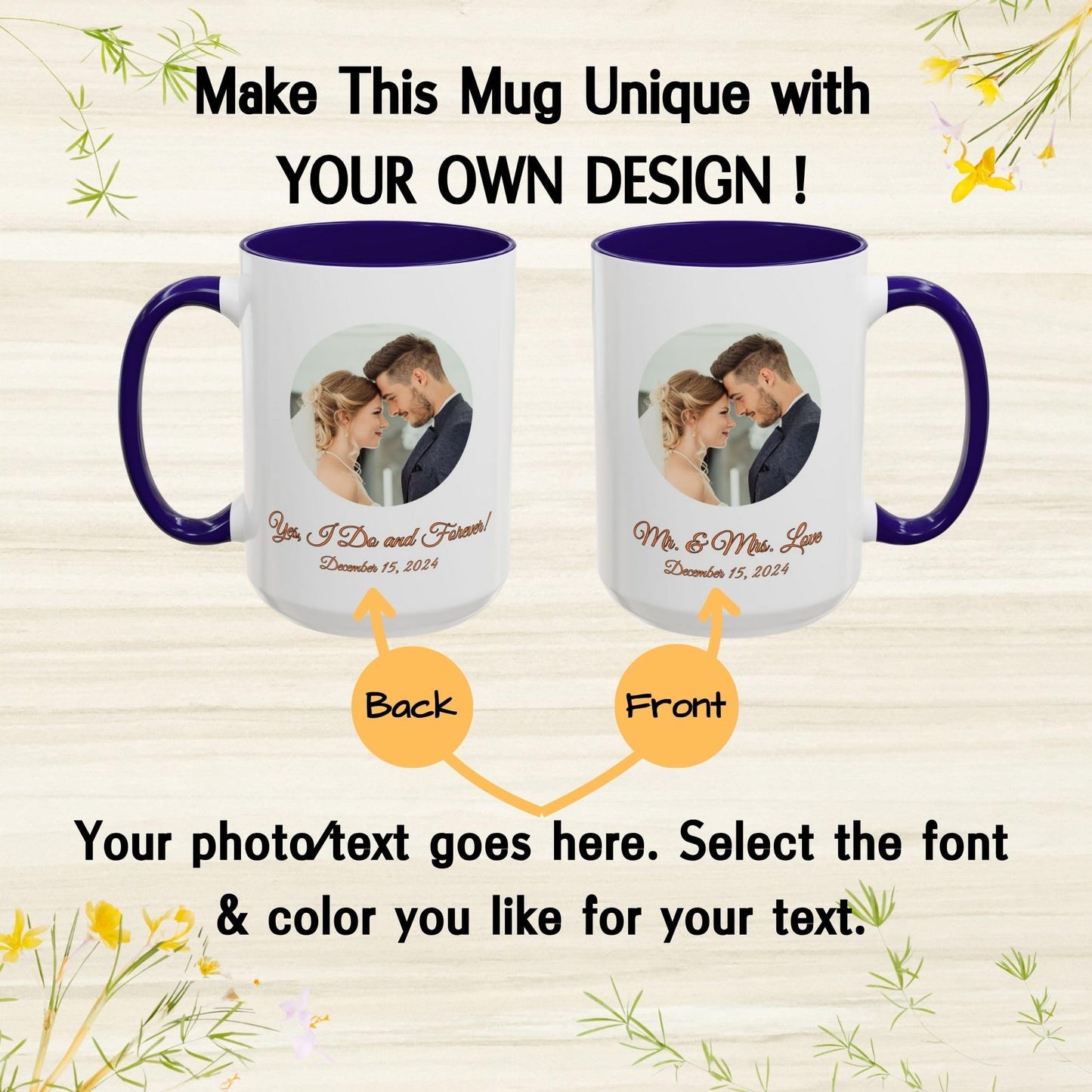 Custom Mug White/Blue 15oz, Personalized Gift with Photo, Text or Logo, Cirle Design