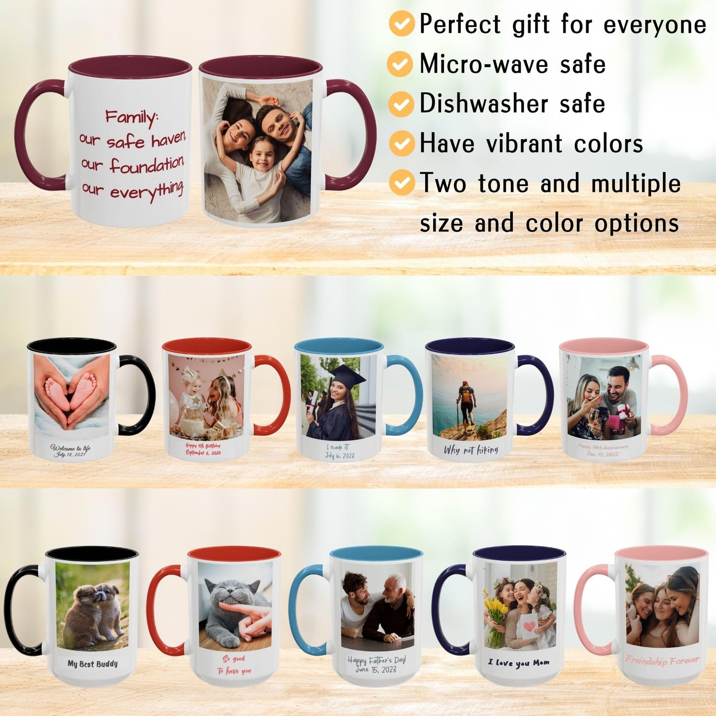 Custom Mug, 11oz White/Maroon Square Design Ceramic Coffee Mug, Personalized Gift with Photo, Text or Logo
