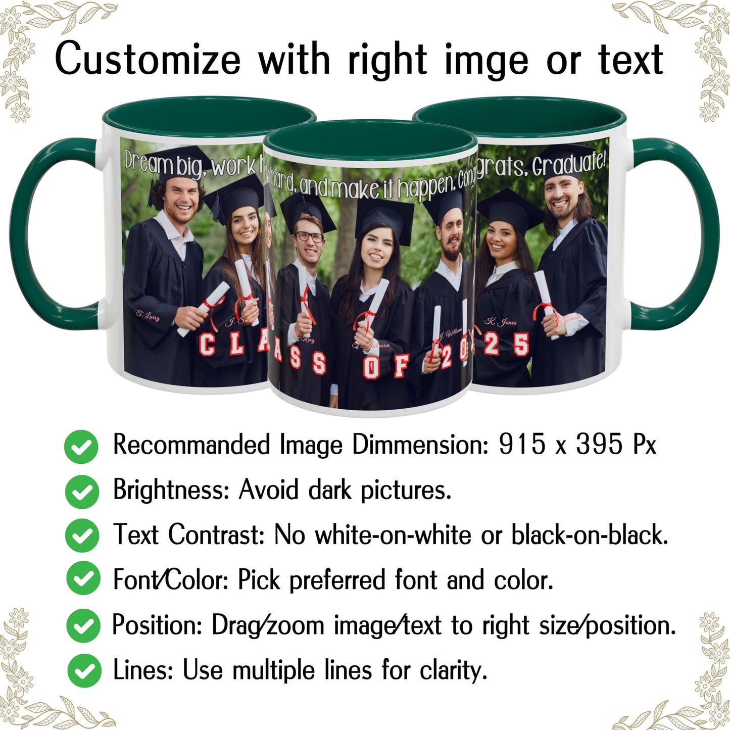 Mug personnalisé blanc/vert 325 ml, cadeau personnalisé avec photo, texte ou logo, motif enveloppant
