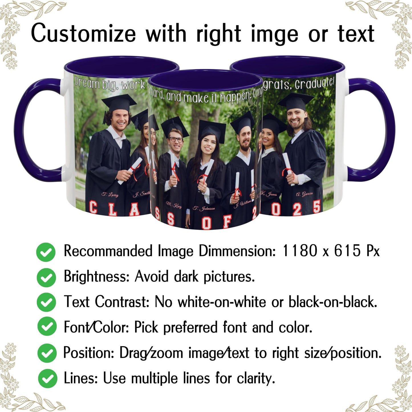 Custom Mug White/Blue 11oz, Personalized Gift with Photo, Text or Logo, Wrap Around Design