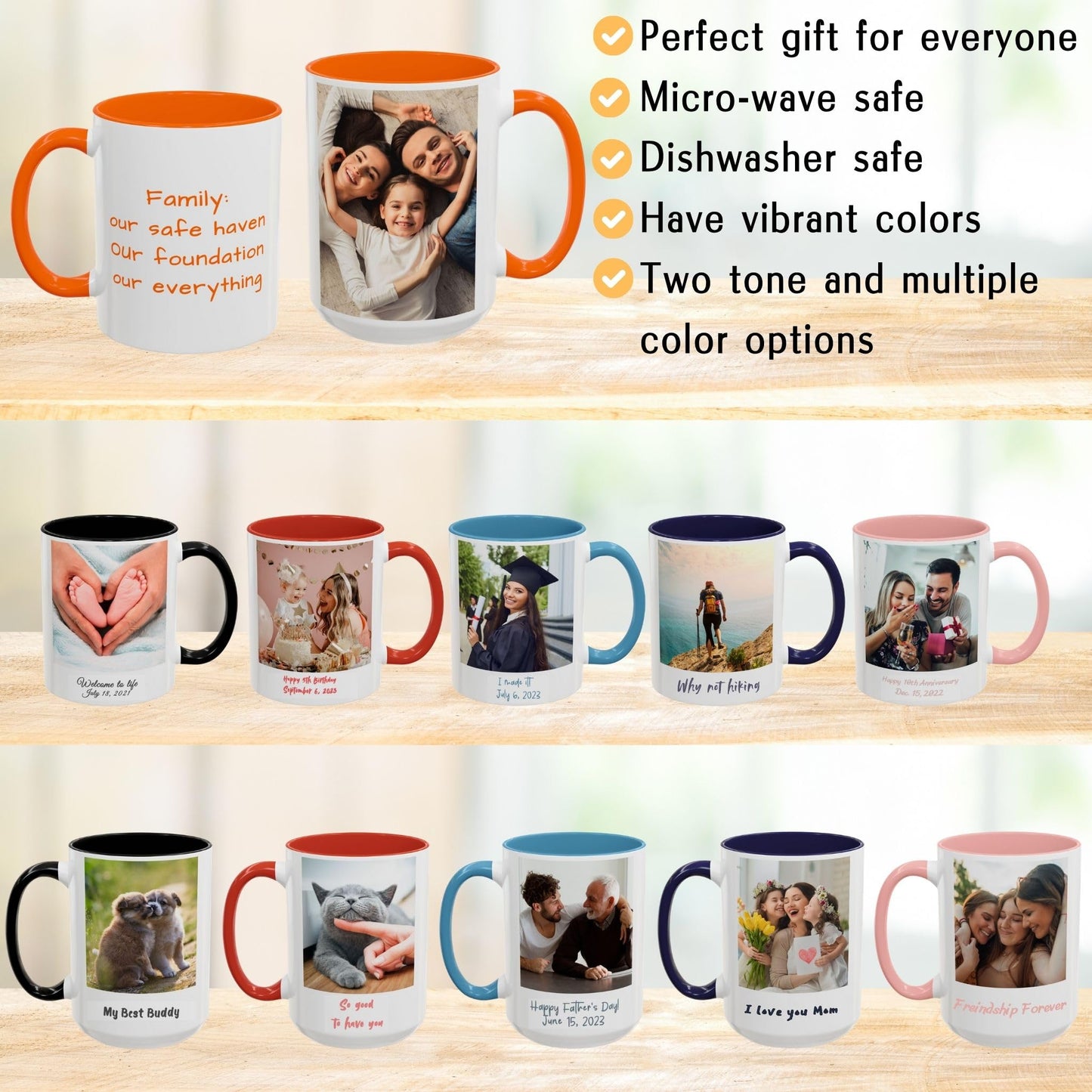 Custom Mug White/Orange 11oz, Personalized Gift with Photo, Text or Logo, Square Design