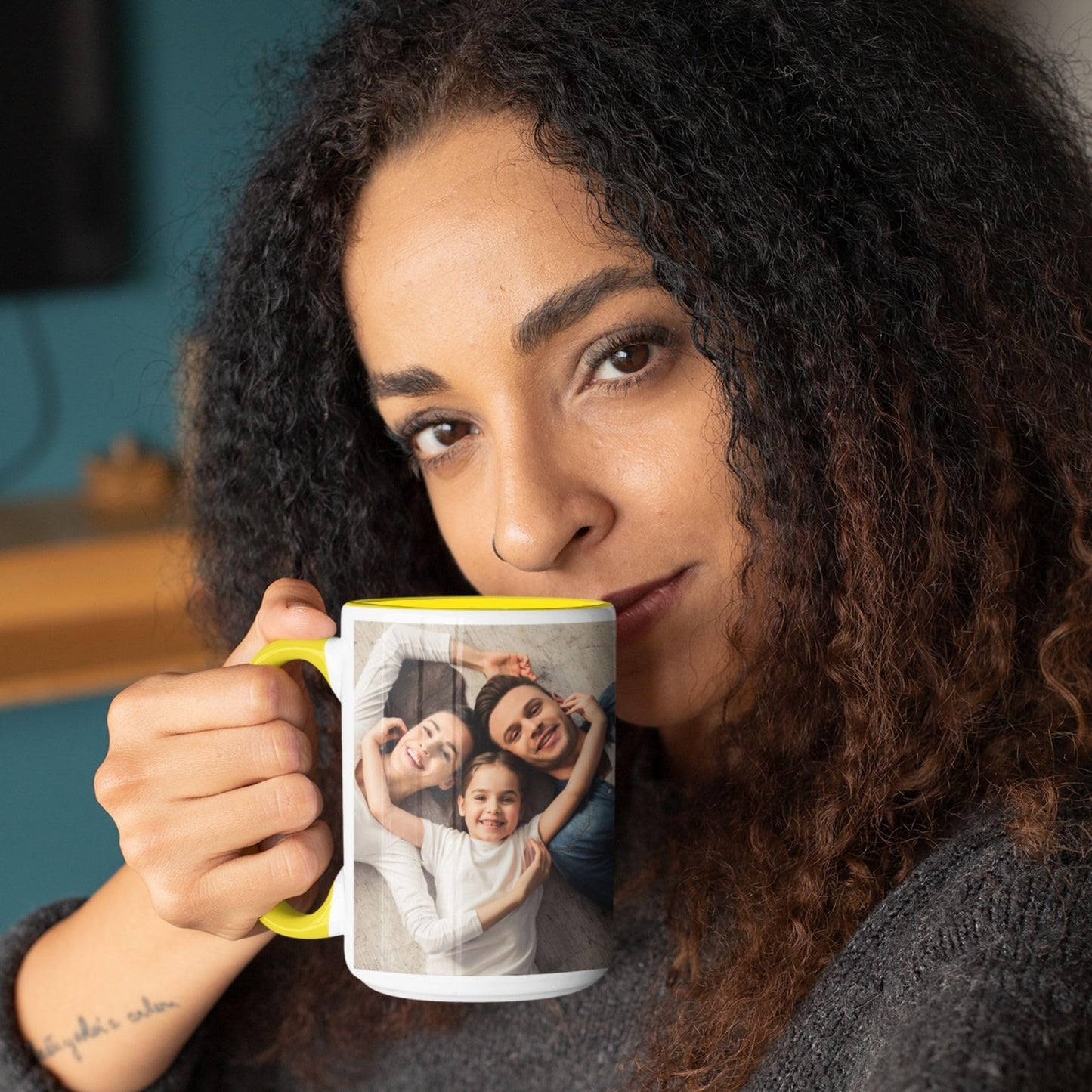 Mug personnalisé, Mug en céramique blanc/jaune de 44 cl avec motif carré, Cadeau personnalisé avec photo, texte ou logo