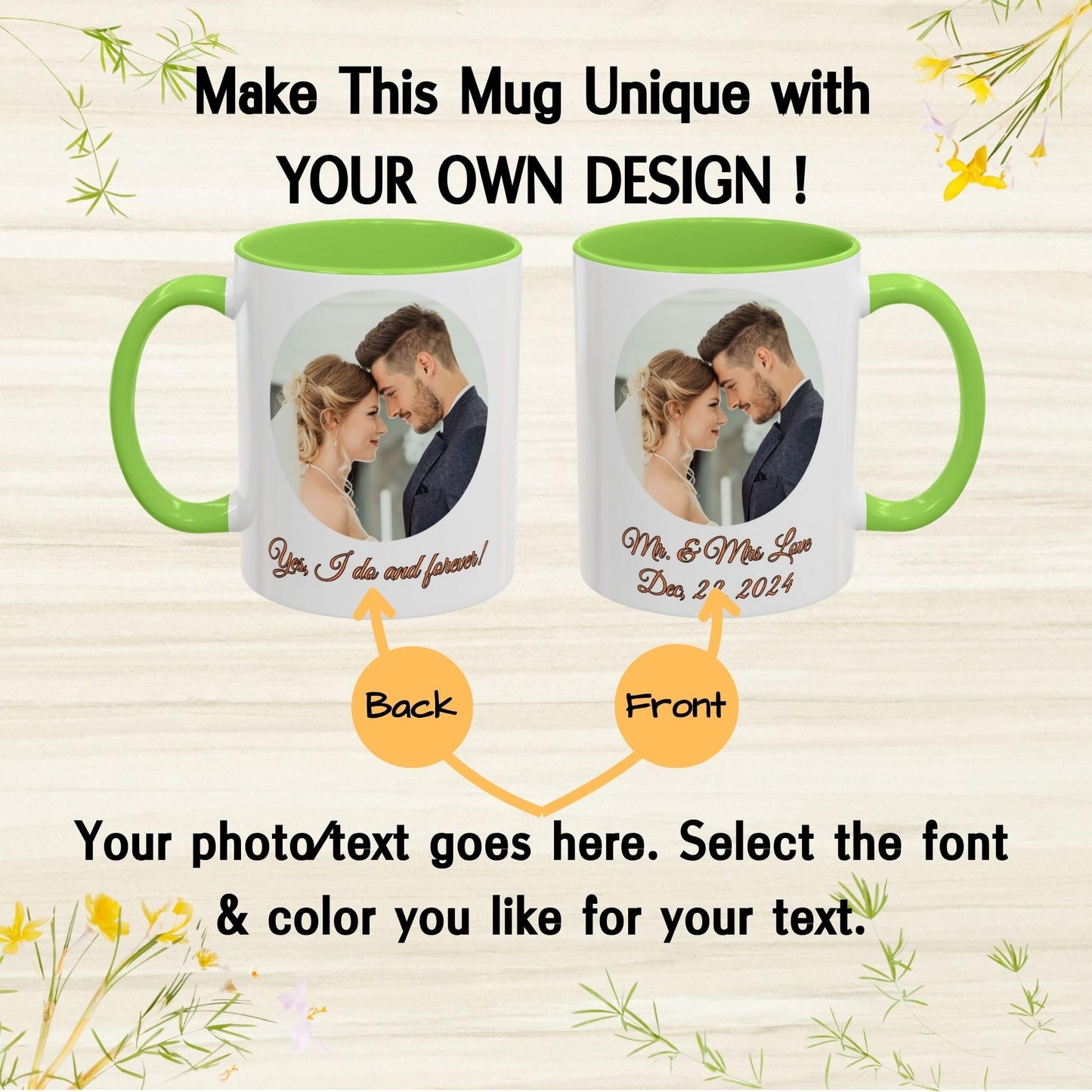 Custom Mug, 11oz White/Light Green Circle Design Ceramic Coffee Mug, Personalized Gift with Photo, Text or Logo