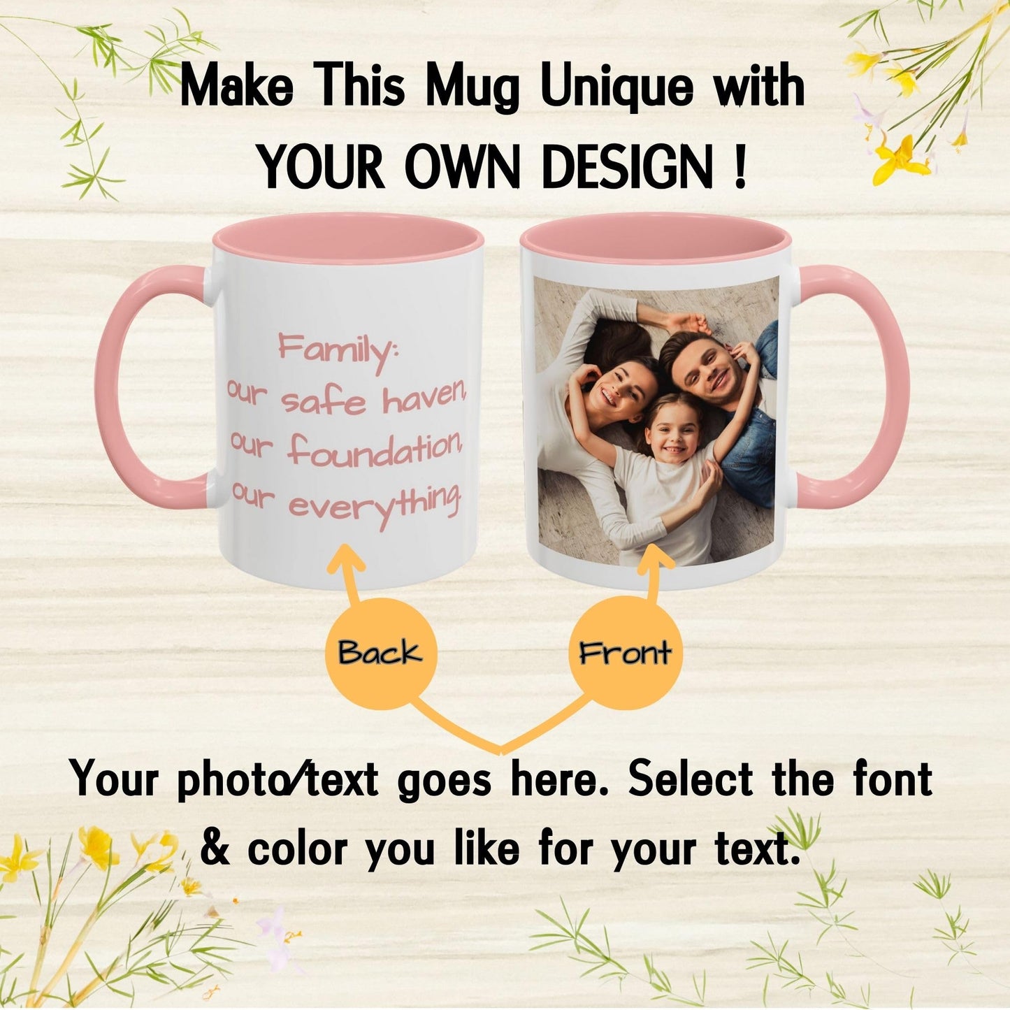 Custom Mug White/Pink 11oz, Personalized Gift with Photo, Text or Logo, Square Design