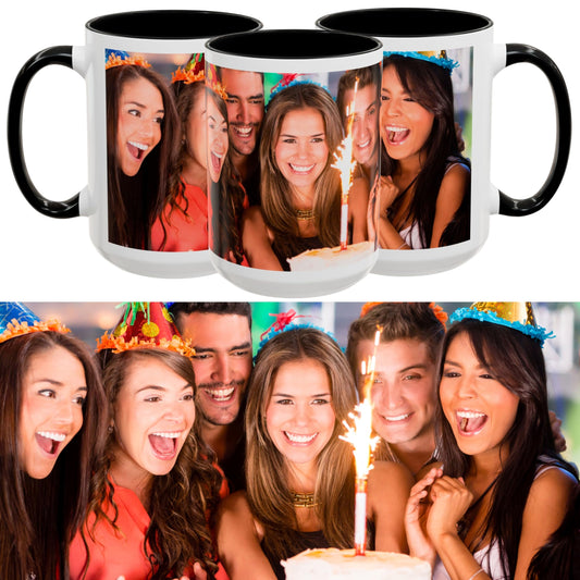 Custom Mug White/Black 15oz, Personalized Gift with Photo, Text or Logo, Wrap Around Design