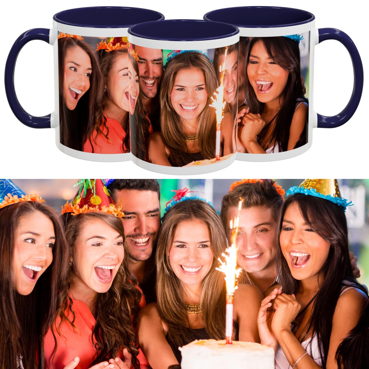 Tasse personnalisée, 11 oz, en céramique, blanche/bleu marine, motif enveloppant, cadeau personnalisé avec photo, texte ou logo