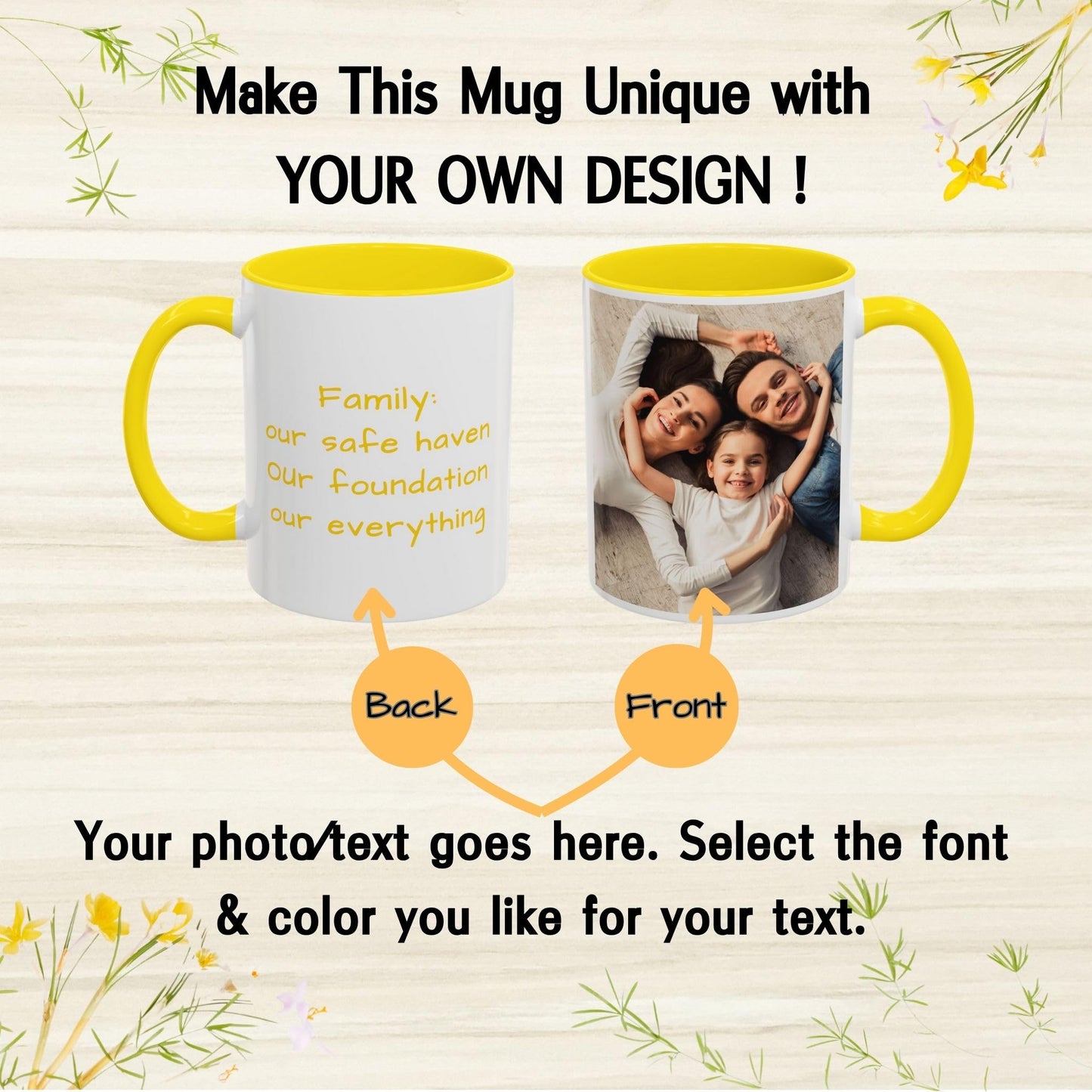 Custom Mug, 11oz White/Yellow Square Design Ceramic Coffee Mug, Personalized Gift with Photo, Text or Logo