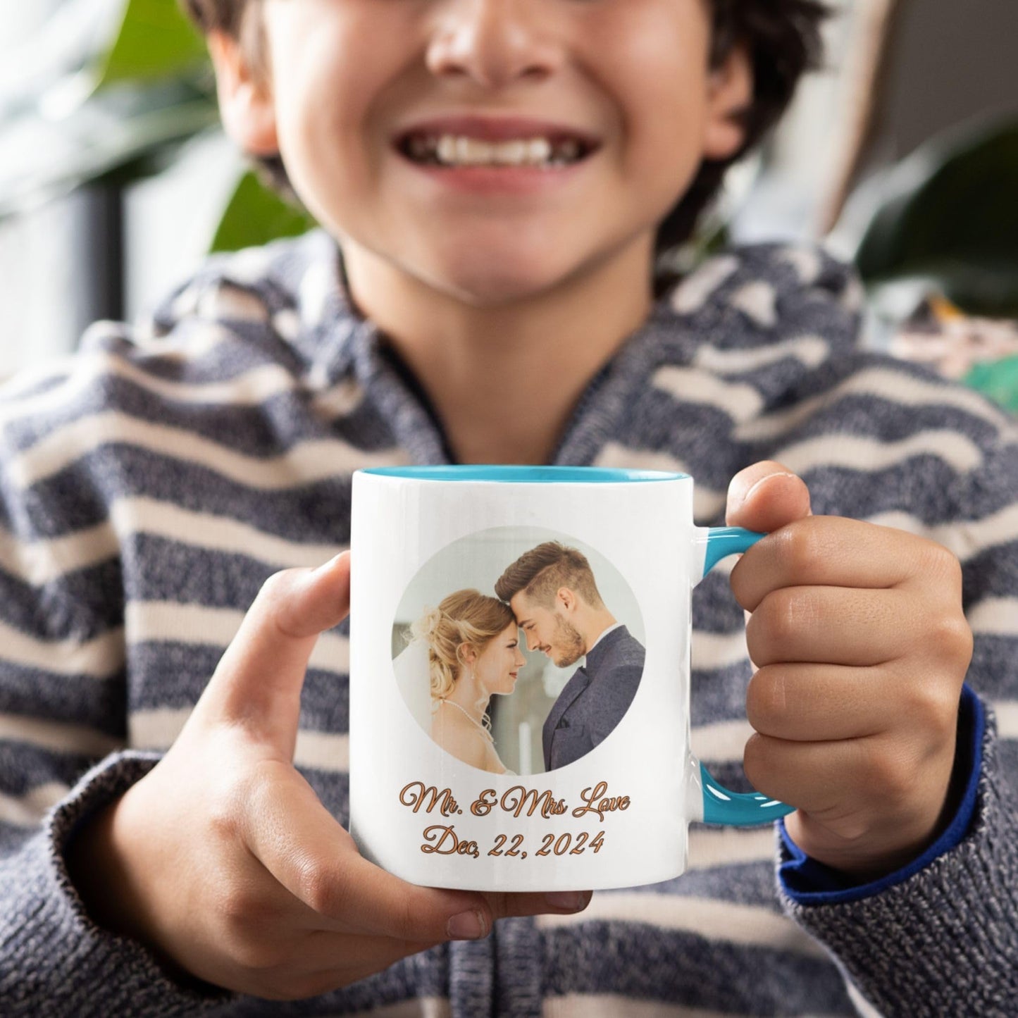 Mug personnalisé blanc/bleu Cambridge 325 ml, cadeau personnalisé avec photo, texte ou logo, motif circulaire