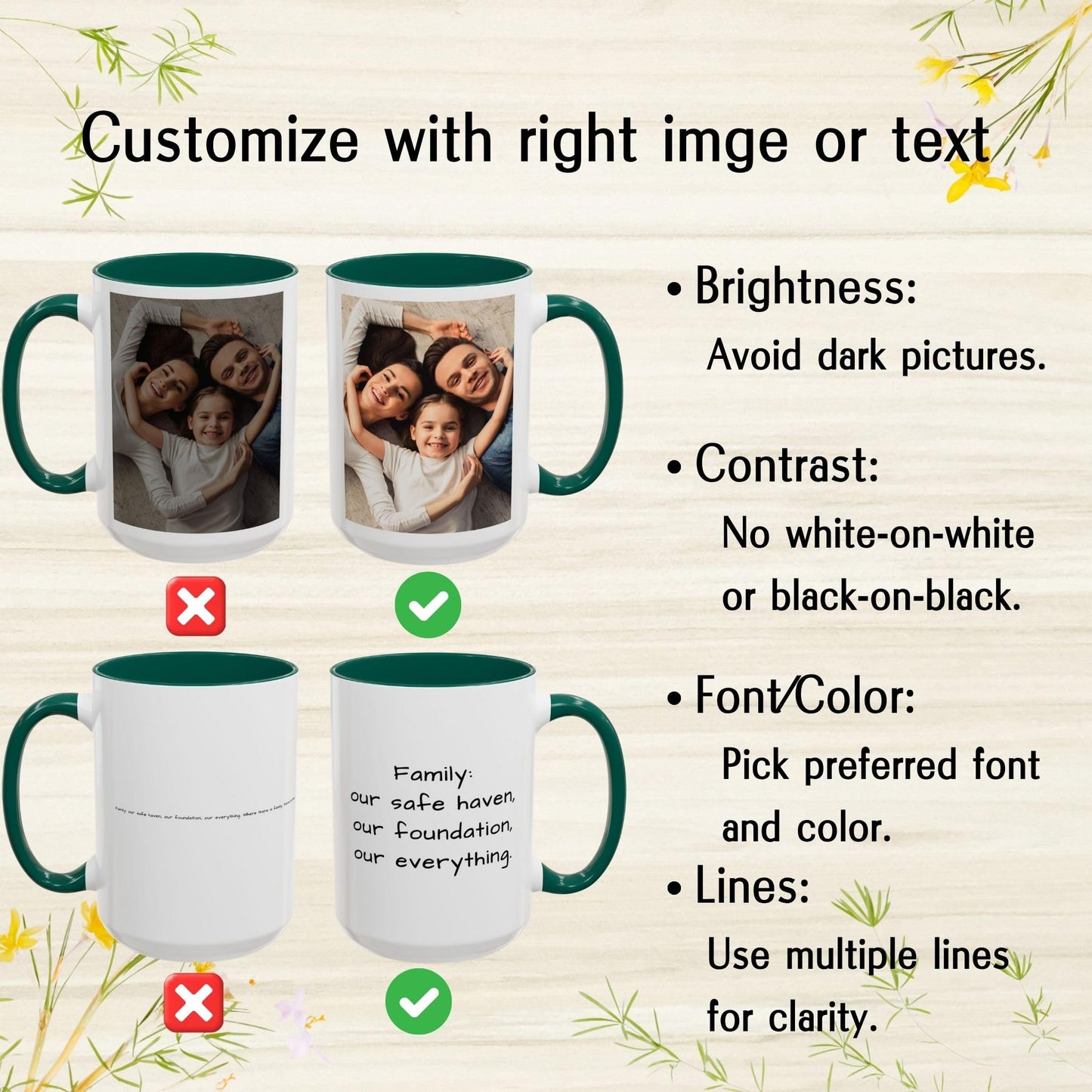 Mug personnalisé, mug en céramique blanc/vert de 443 ml avec motif carré, cadeau personnalisé avec photo, texte ou logo