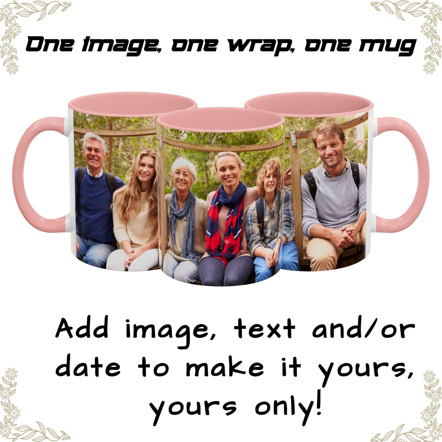 Custom Mug, 11oz White/Pink Wrap Around Design Ceramic Coffee Mug, Personalized Gift with Photo, Text or Logo