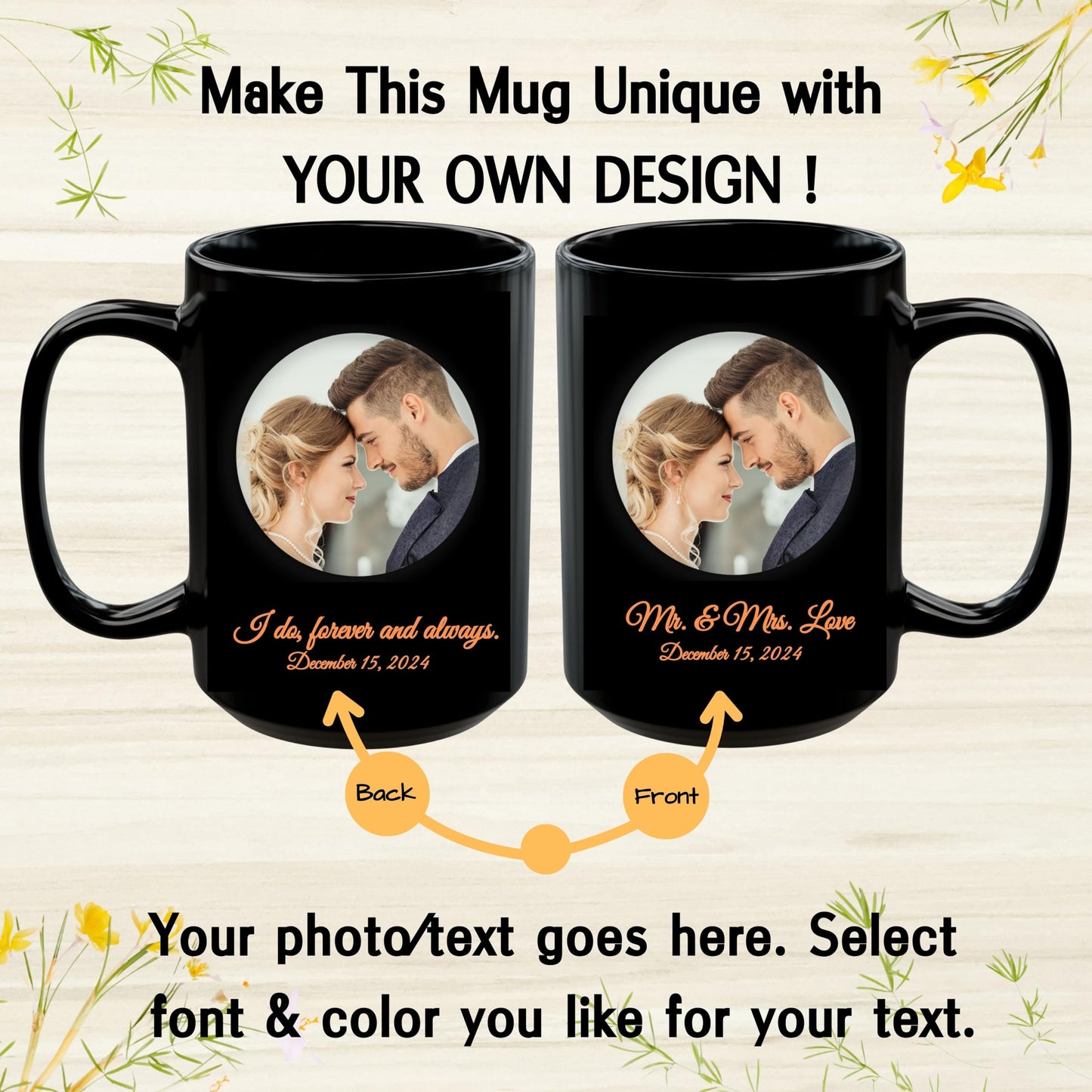 Mug Personnalisé, Mug à café en céramique entièrement noir de 44 cl, Cadeau personnalisé avec photo, texte ou logo