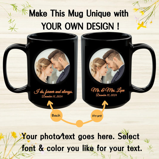 Custom Mug, 15oz All Black Circle Design Ceramic Coffee Mug, Personalized Gift with Photo, Text or Logo