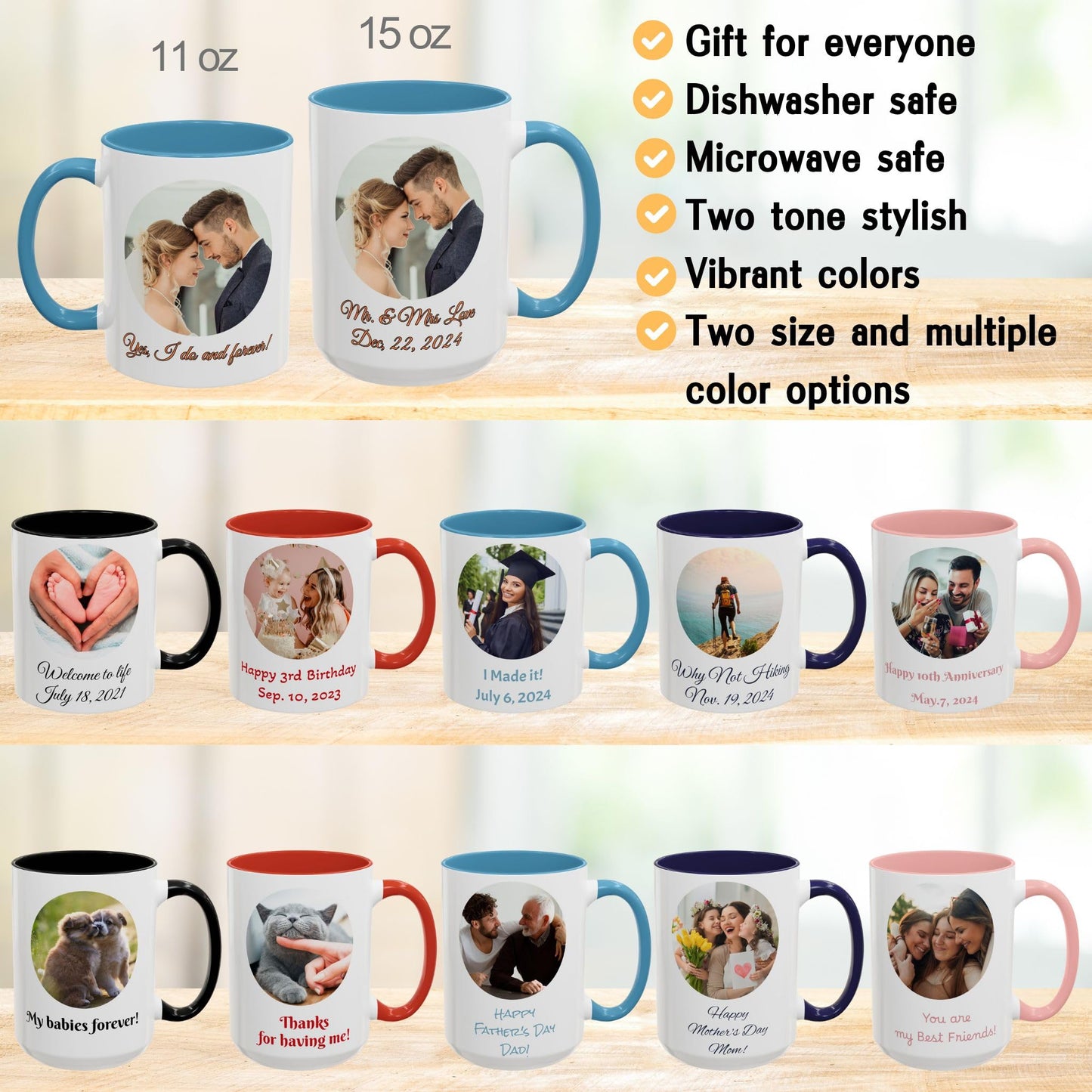 Custom Mug, 11oz White/Light Blue Circle Design Ceramic Coffee Mug, Personalized Gift with Photo, Text or Logo