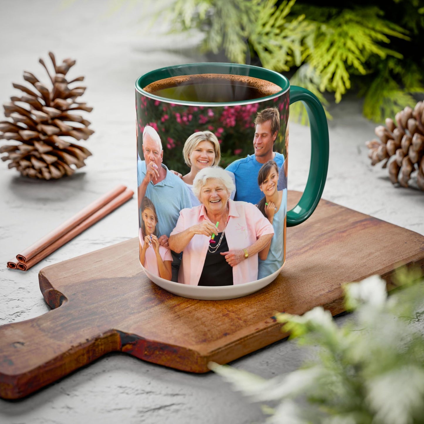 Custom Mug White/Green 15oz, Personalized Gift with Photo, Text or Logo, Wrap Around Design