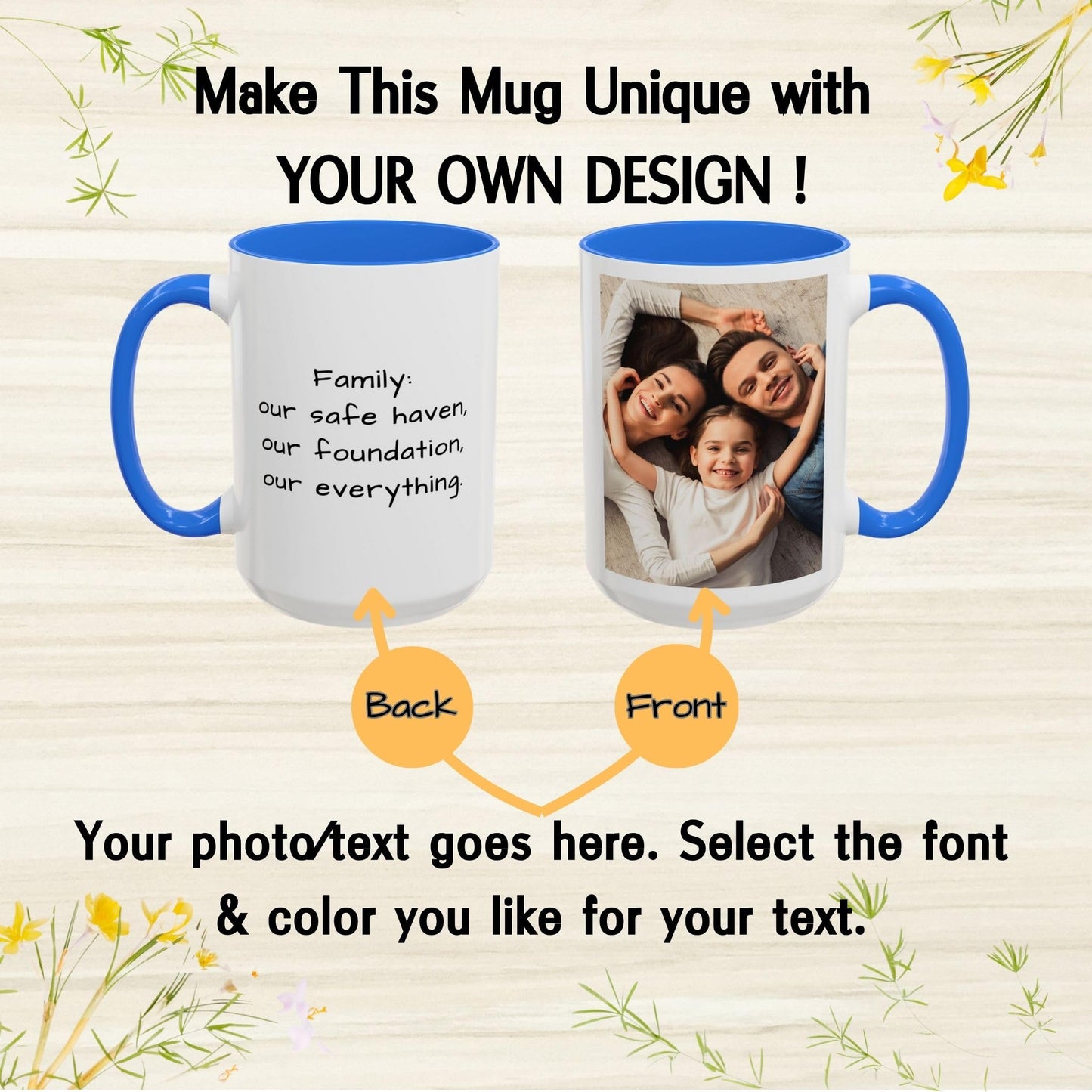 Custom Mug White/Cambridge Blue 15oz, Personalized Gift with Photo, Text or Logo, Square Design