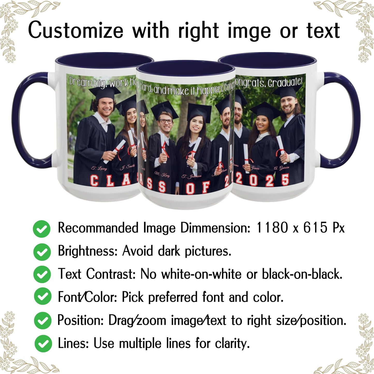 Mug personnalisé blanc/bleu marine 44 cl, cadeau personnalisé avec photo, texte ou logo, motif enveloppant