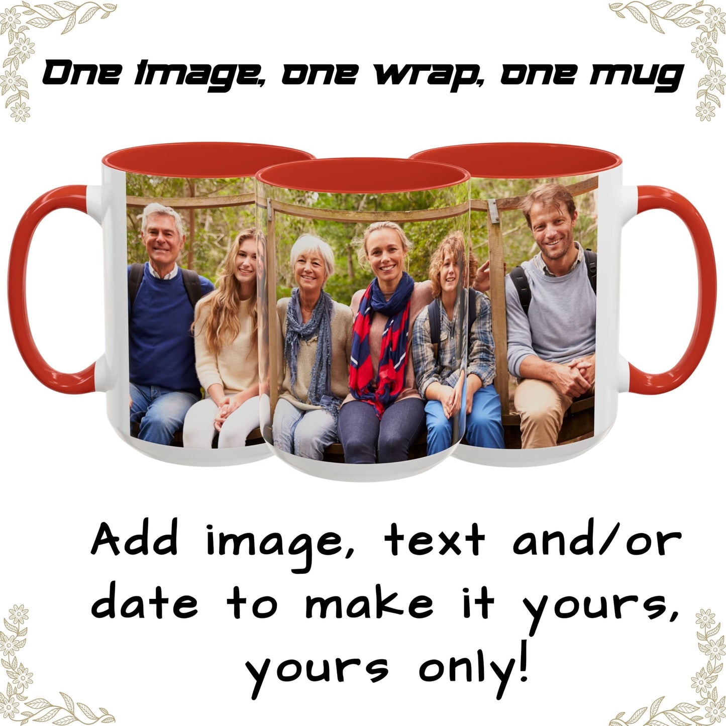 Custom Mug White/Red 15oz, Personalized Gift with Photo, Text or Logo, Wrap Around Design