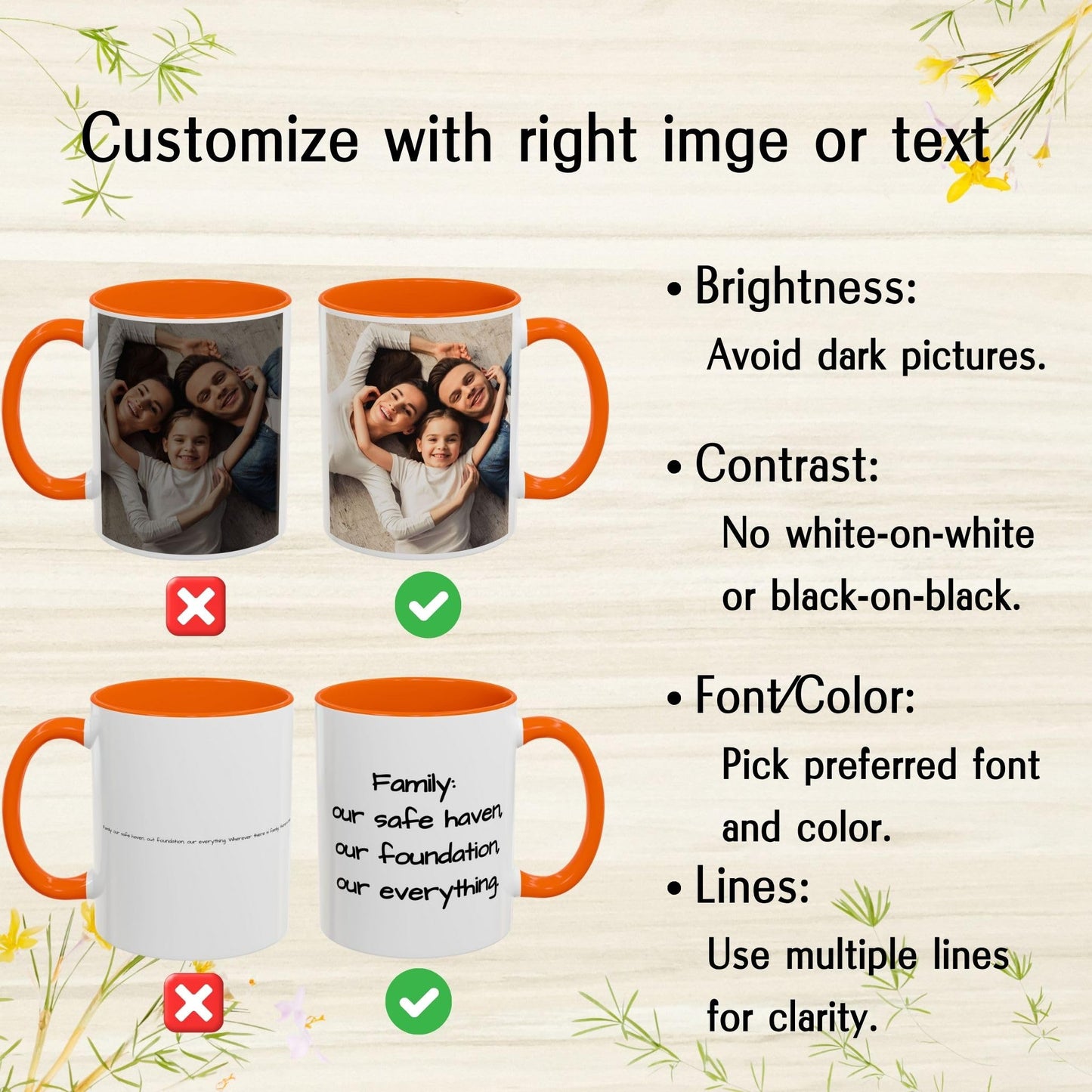 Custom Mug, 11oz White/Orange Square Design Ceramic Coffee Mug, Personalized Gift with Photo, Text or Logo