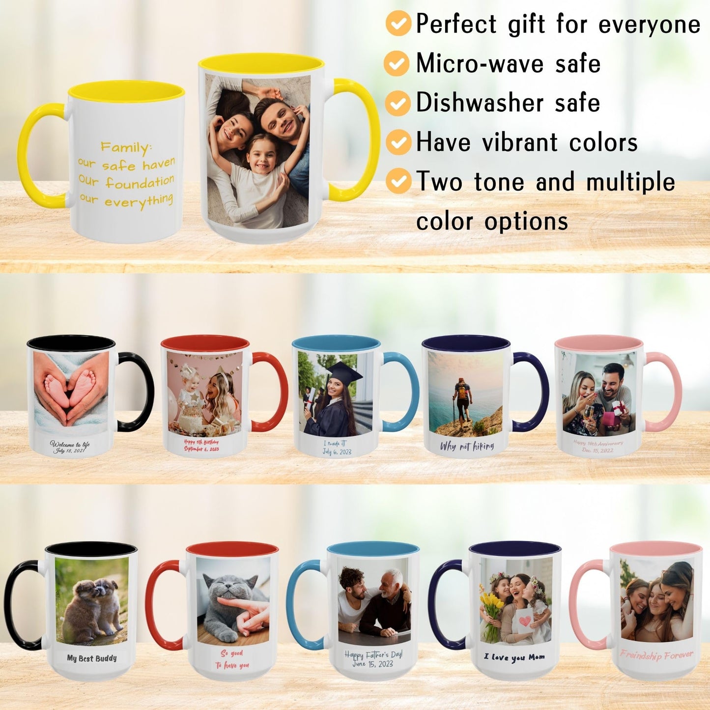 Custom Mug, 11oz White/Yellow Square Design Ceramic Coffee Mug, Personalized Gift with Photo, Text or Logo