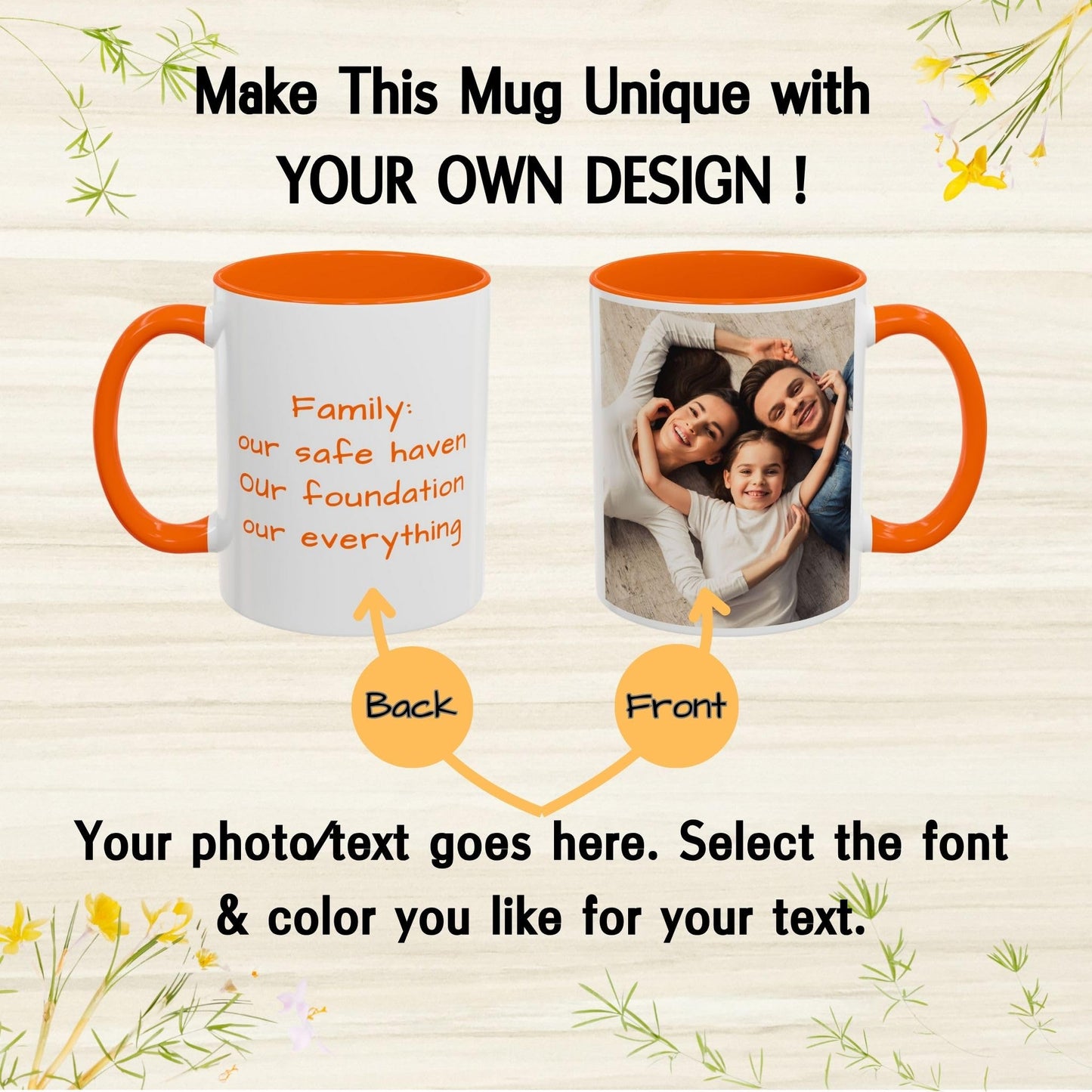 Custom Mug White/Orange 11oz, Personalized Gift with Photo, Text or Logo, Square Design